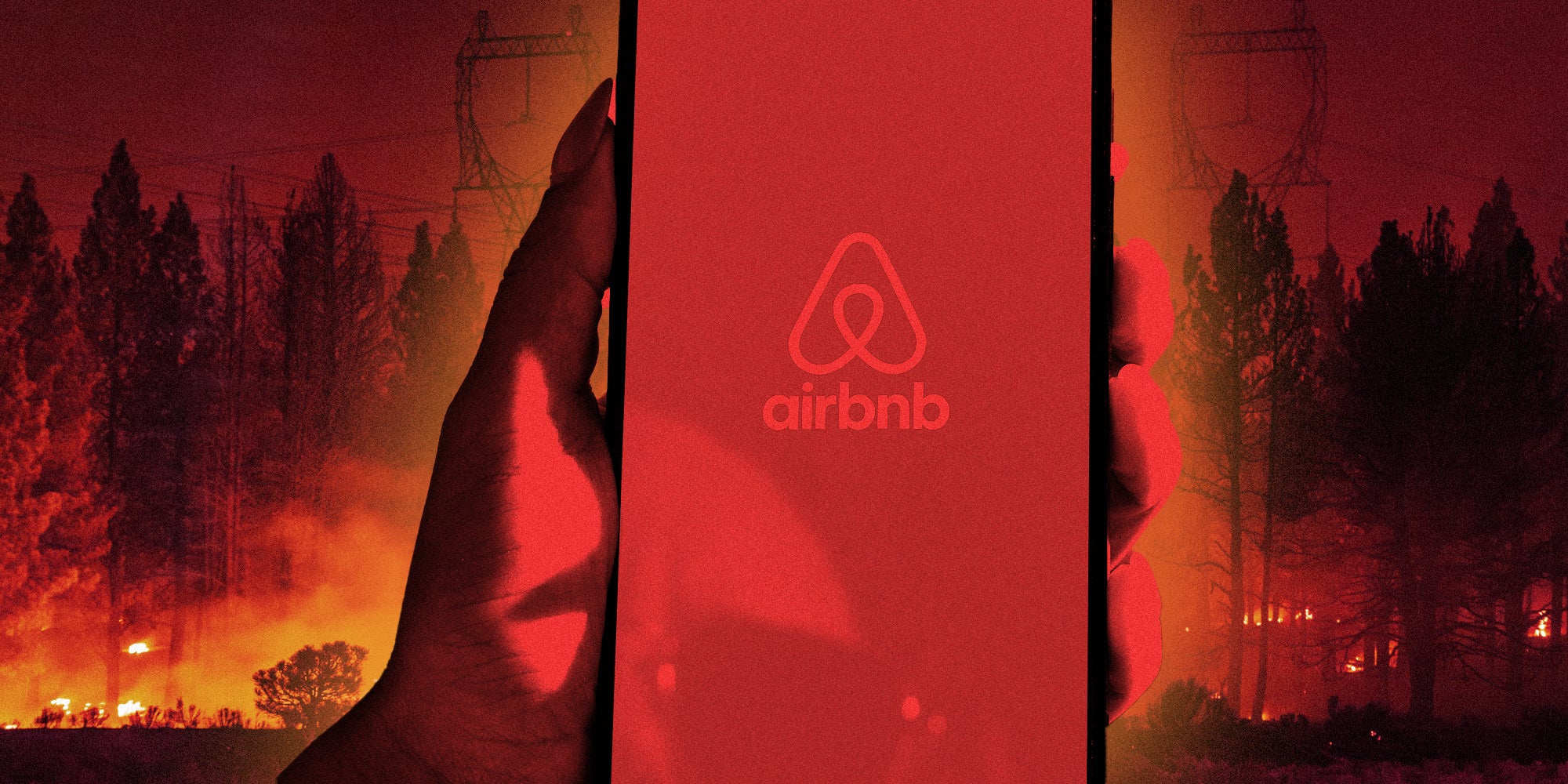 Hand holding phone with airbnb app over california wildfires