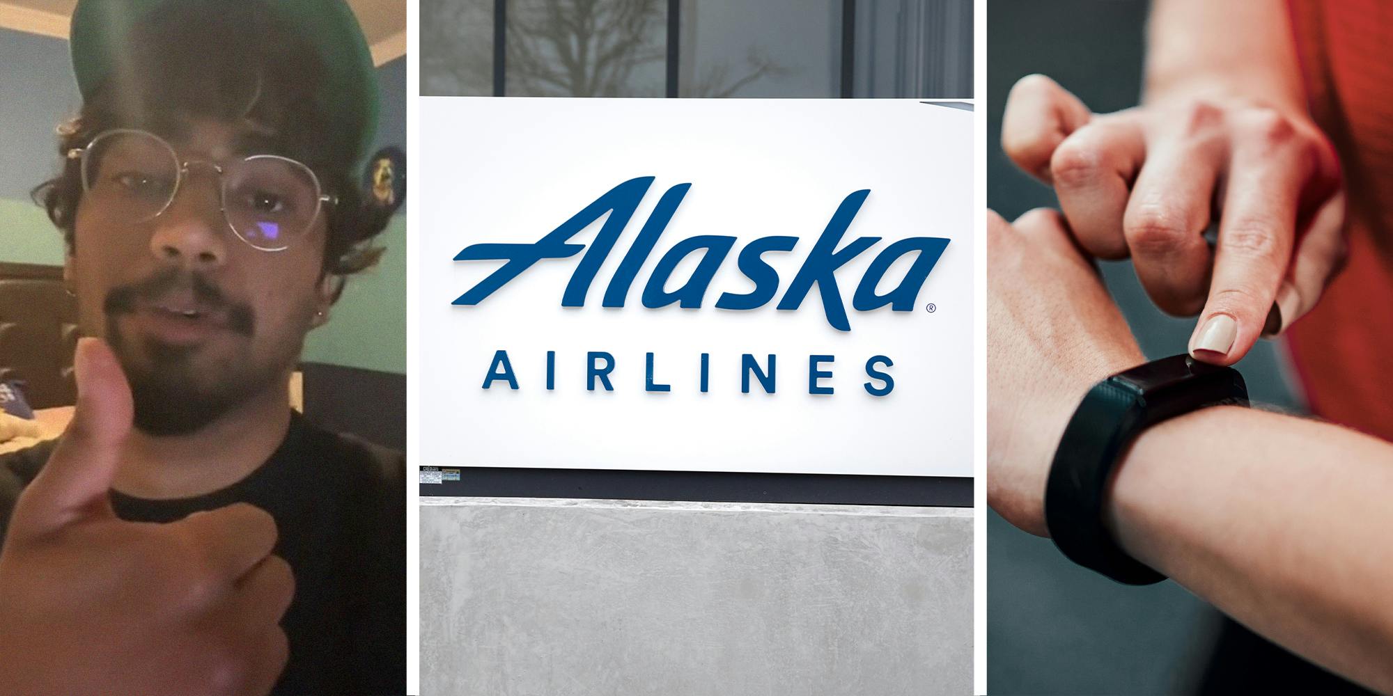 Man showing Thumbs up(l) Alaska Airlines Brand(c) holding watch screen for timer(r)