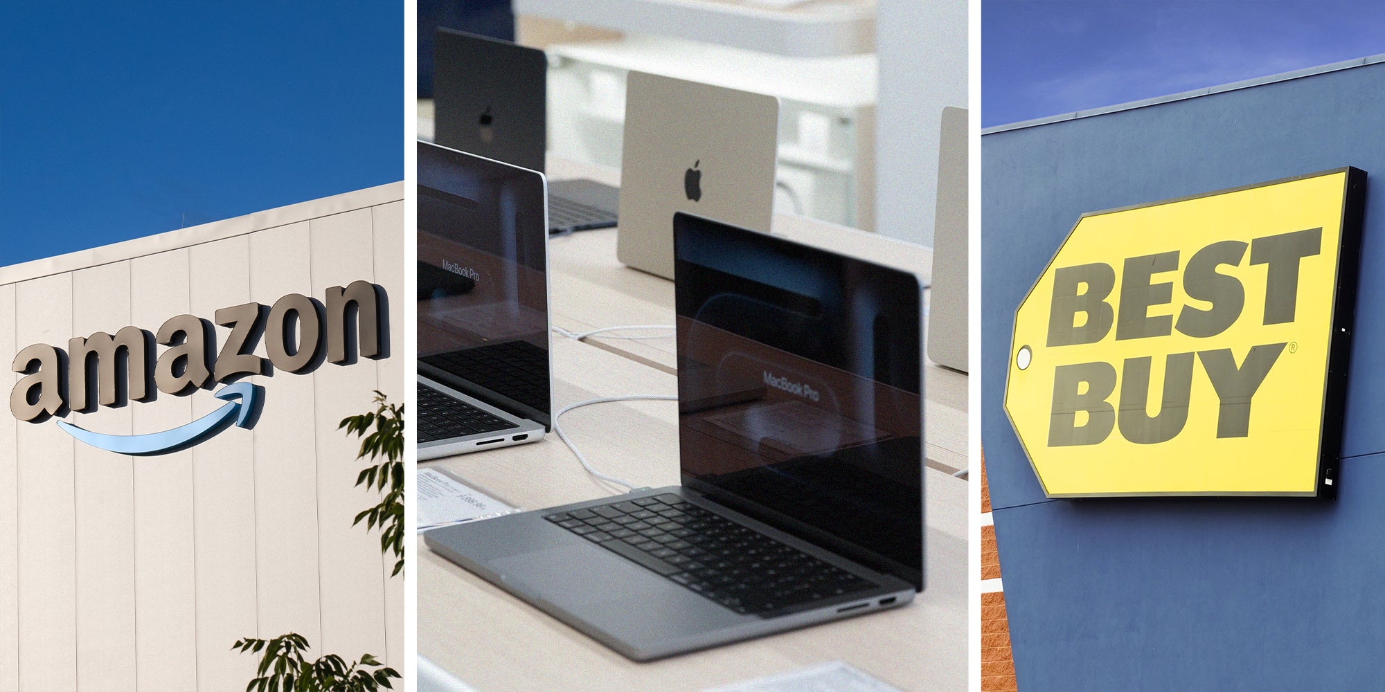 Amazon Logo on building(l) Macbook Pro on Display(c) Best Buy Store Logo(r)