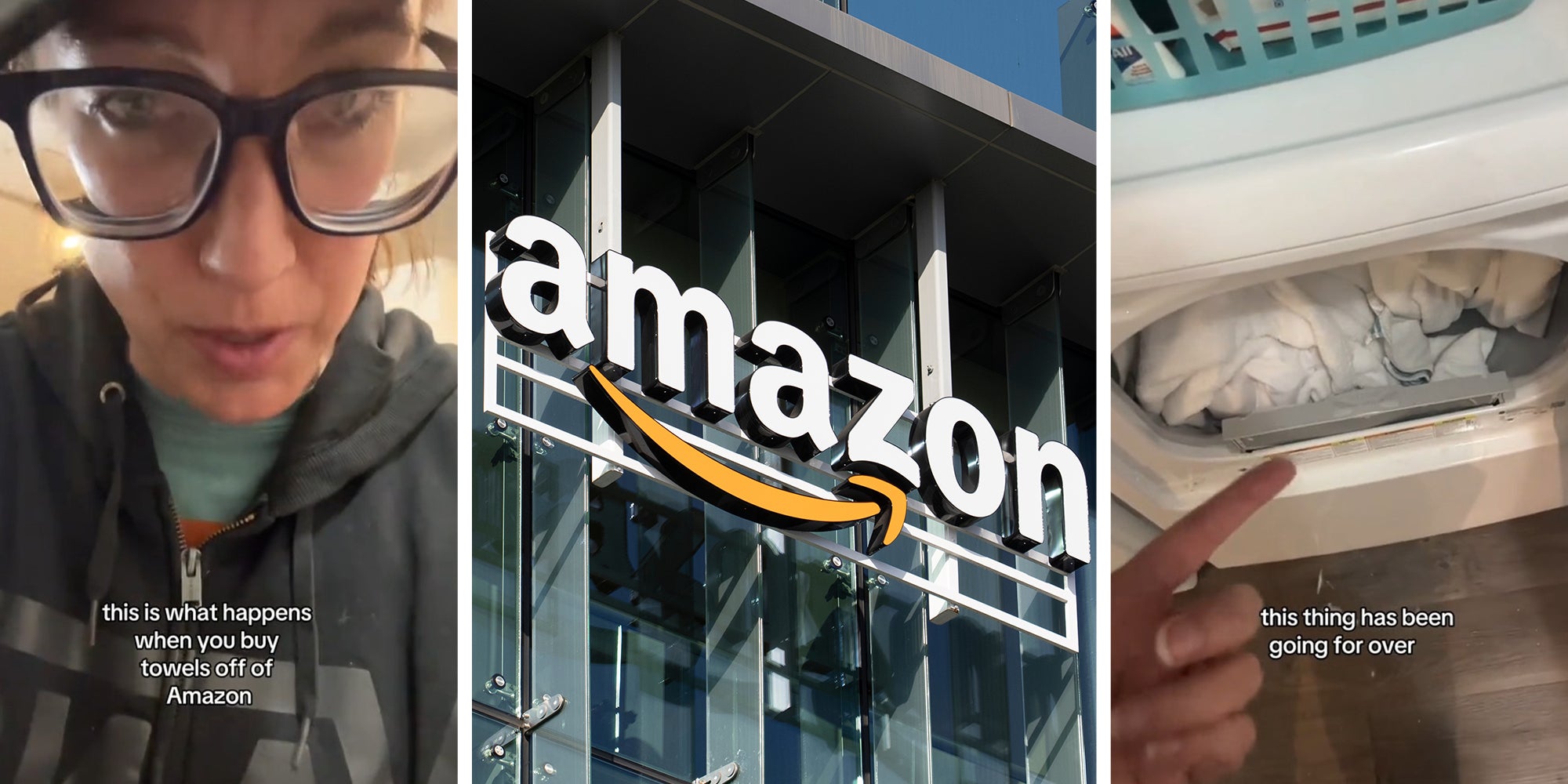 woman shares purchase of towels(l) Amazon Building logo(c) Towels inside washing machine(r)