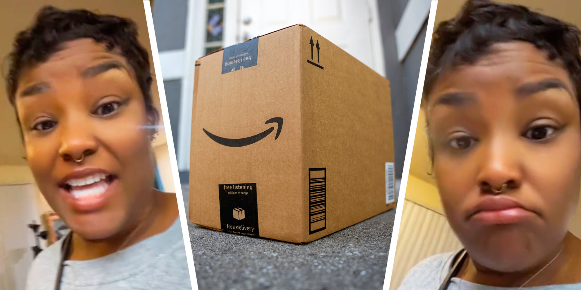 3-panel image of a person explaining and an amazon package in the middle.
