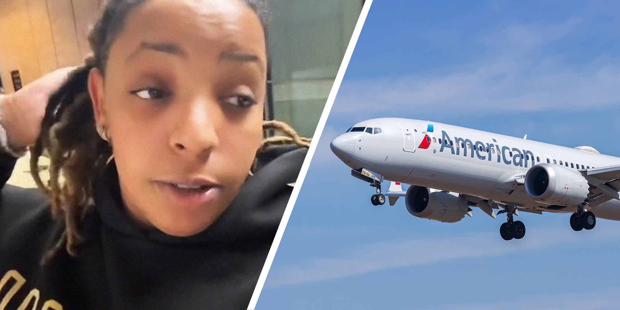 woman sharing what her experience on TikTok Platform(l) American Airlines Plane(r)