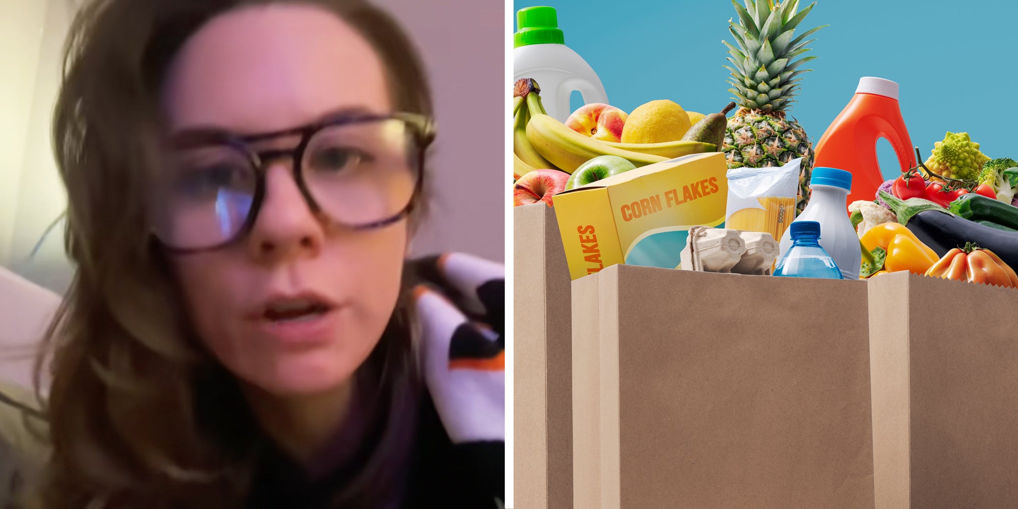 Woman talking(l), Bags of groceries(r)
