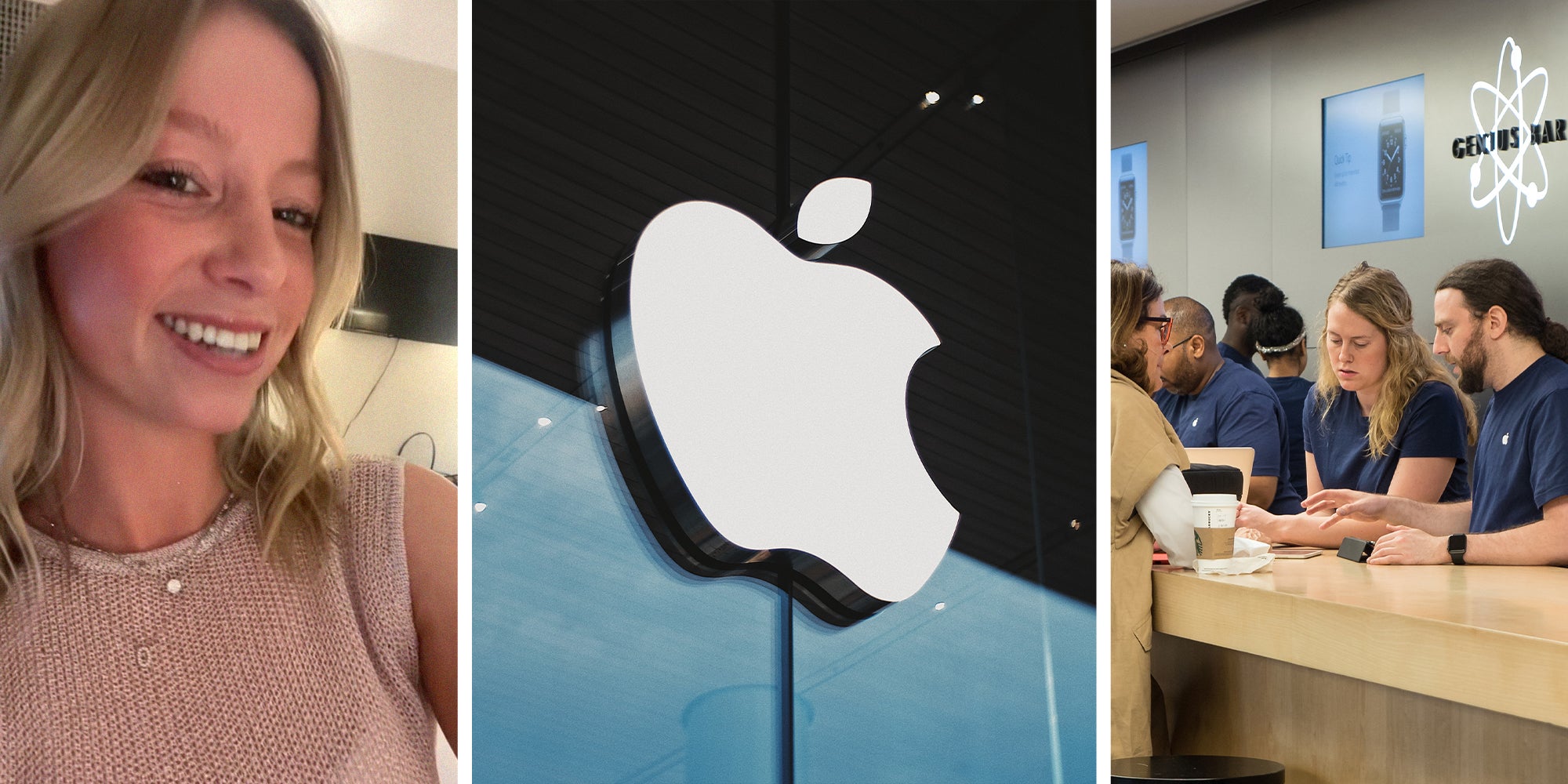 woman smiling(l) apple store logo(c) Woman talking to Apple Store Employees(r)