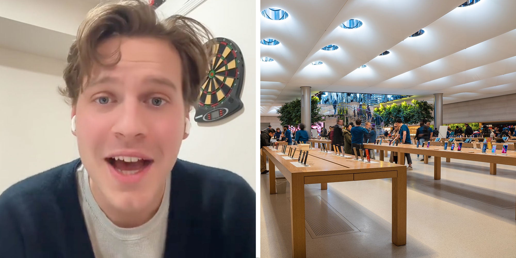 Screenshot of Tiktok user @andrewlaffertyy next to a photo of an Apple Store interior.