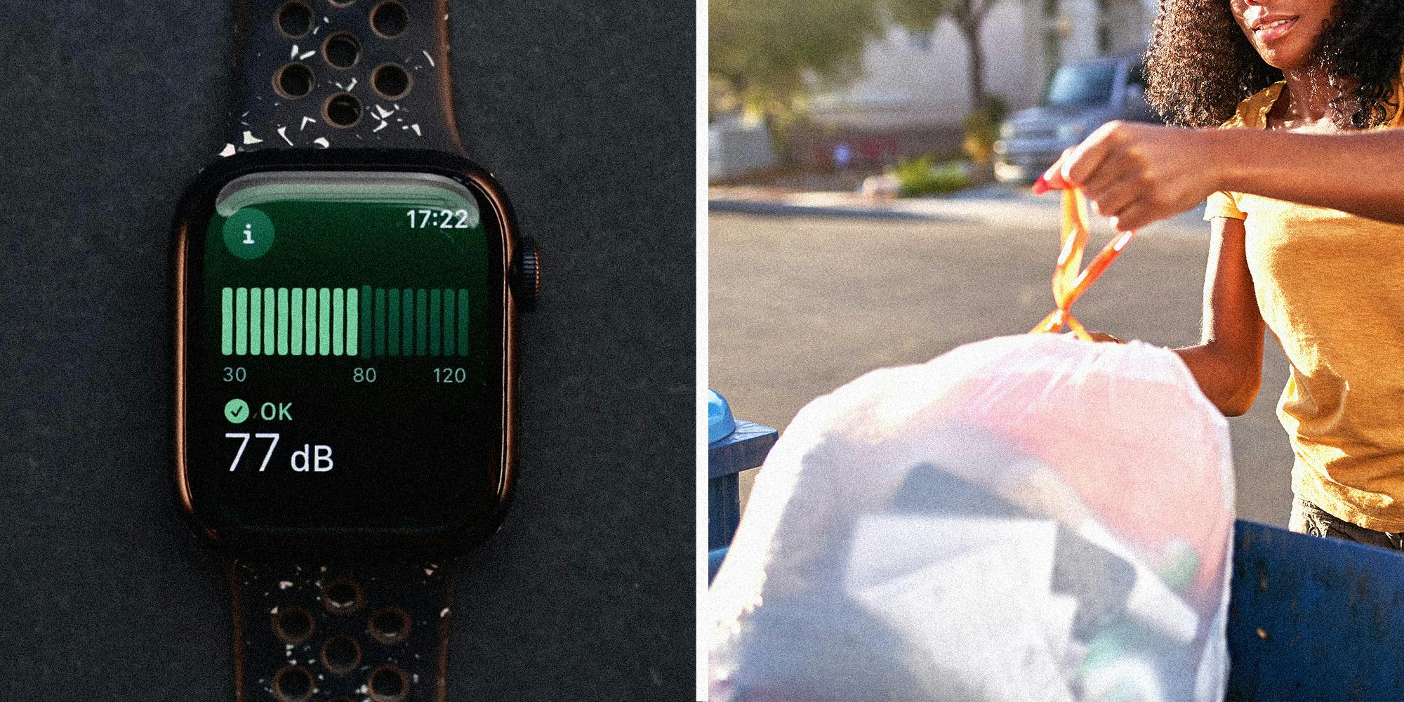 Two panel image. On the left, an Apple Watch lays flat on a table. On the right, a women places a trash bag in a can on the curb.