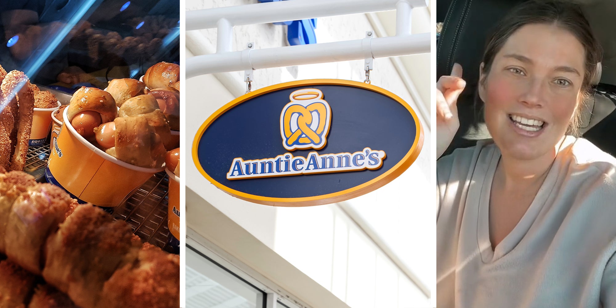 Pretzels from Auntie Anne's(l) Auntie Anne's Sign(c) Woman smiling(r)