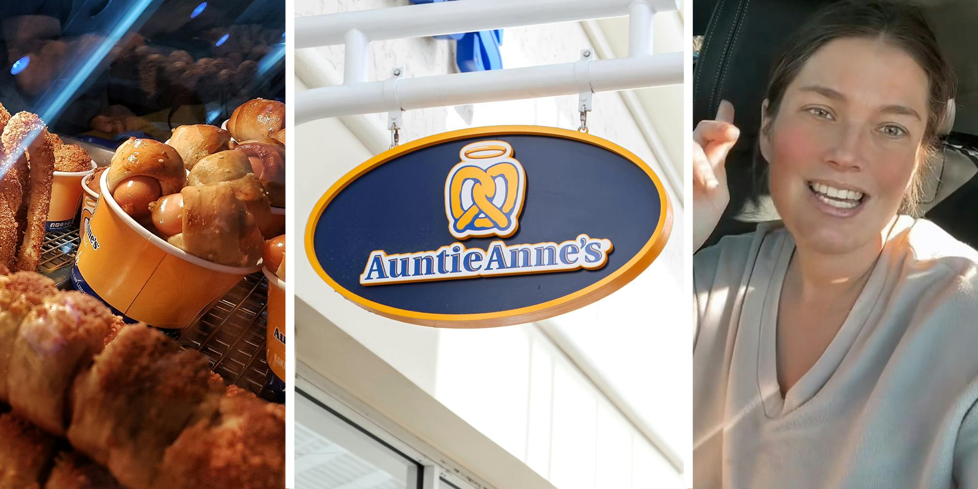 Pretzels from Auntie Anne's(l) Auntie Anne's Sign(c) Woman smiling(r)