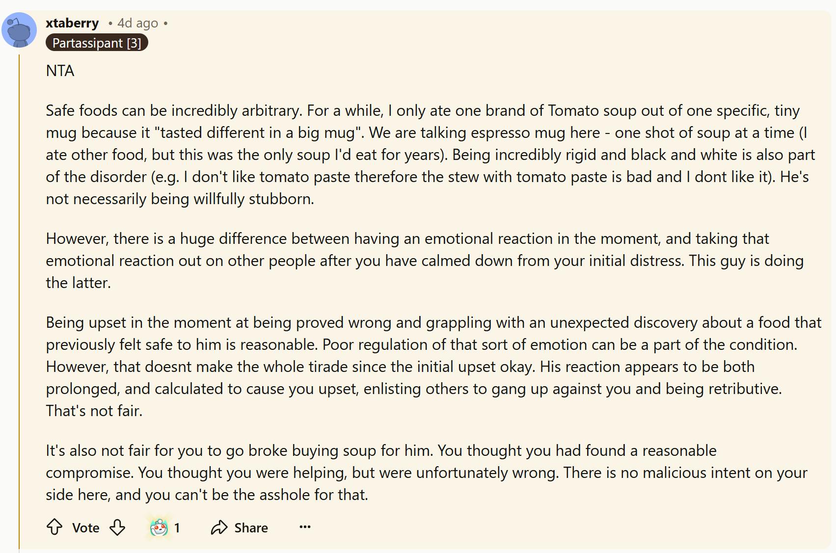 Reddit comment about the autistic boyfriend's safe food being 'ruined.'