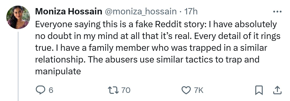 Tweet about the autistic boyfriend's safe food being 'ruined.' They write, 'Everyone saying this is a fake Reddit story: I have absolutely no doubt in my mind at all that it’s real. Every detail of it rings true. I have a family member who was trapped in a similar relationship. The abusers use similar tactics to trap and manipulate'