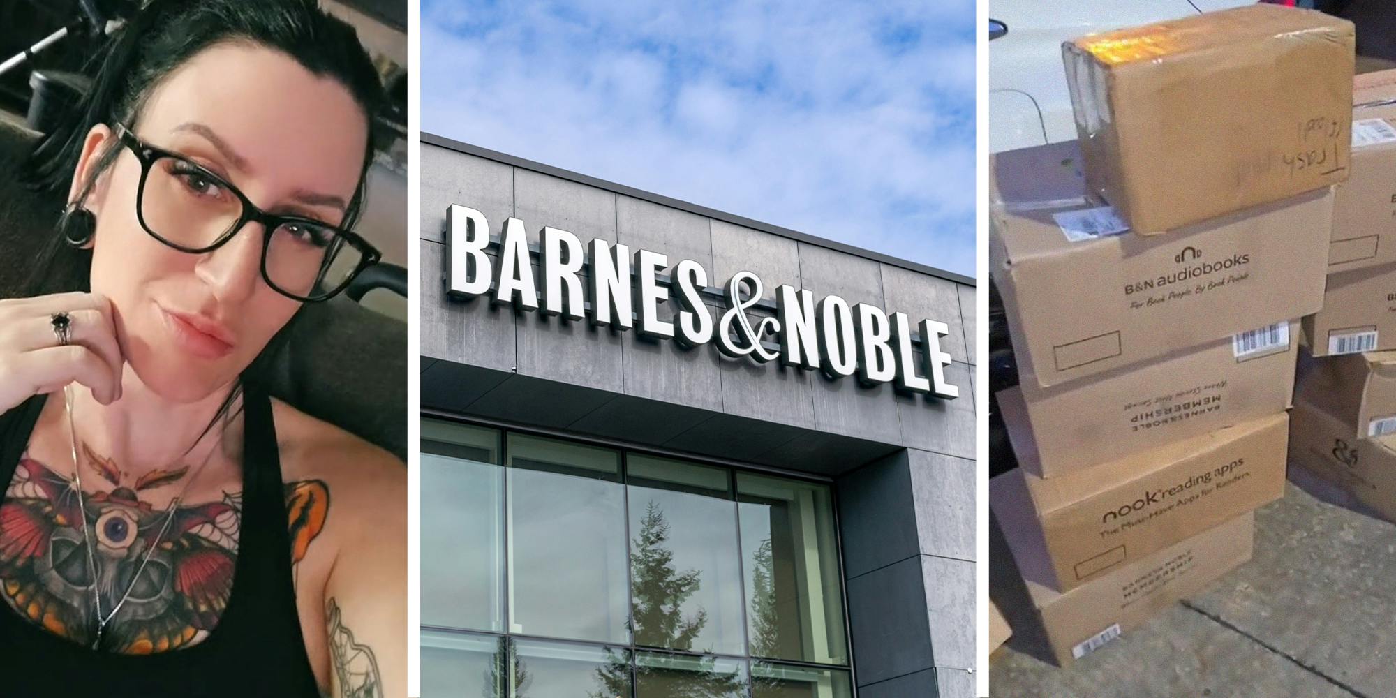 woman shares what she found at in dumpster(l) Barnes and Noble Store front(c) Boxes from Barnes and Noble