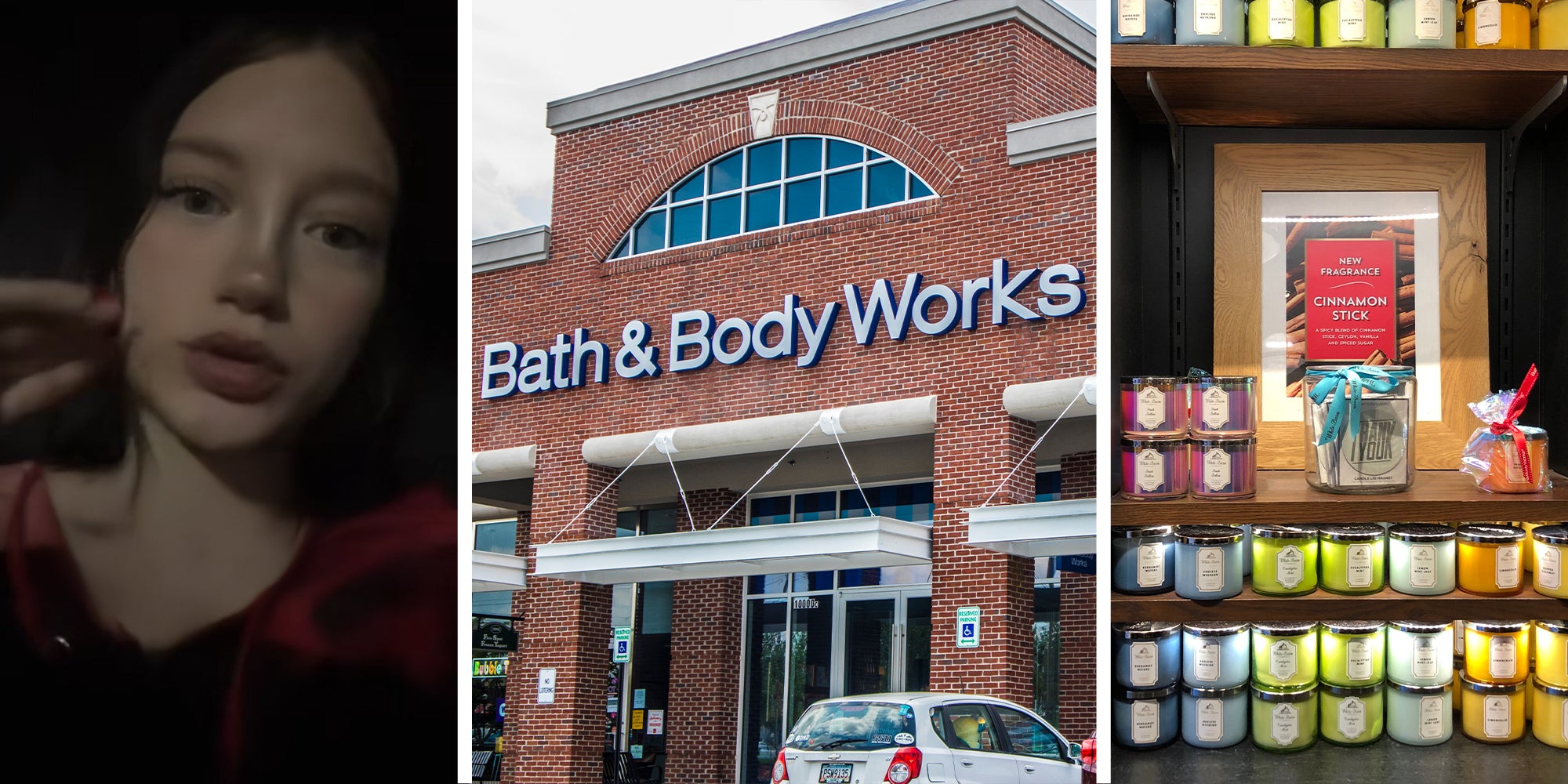 woman shares what happened to her candle(l) Bath and Body Works Store Front(c) Bath and Body Works Candle Display(r)