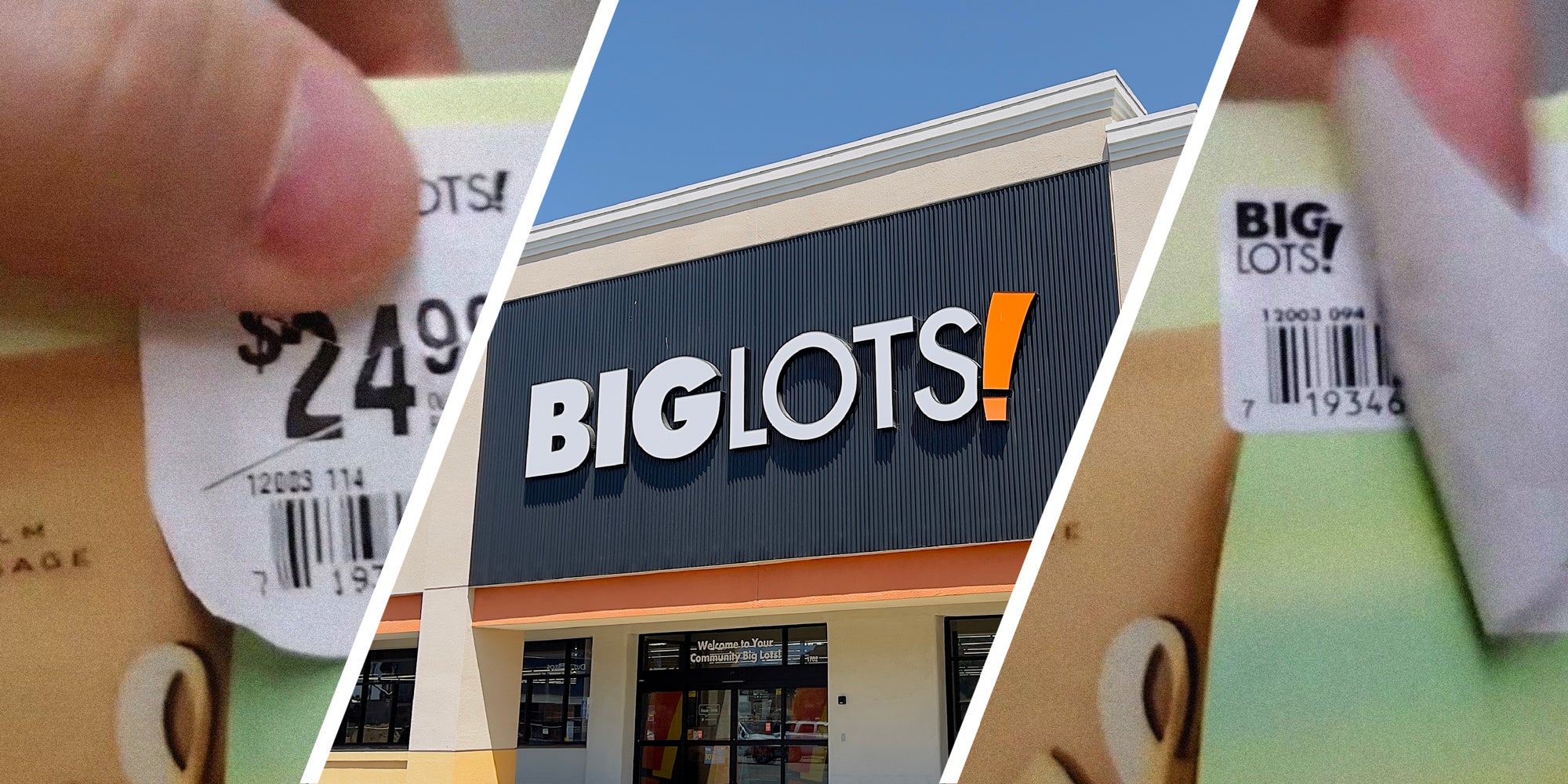 3 panel image: on the sides a person is peeling a label, in the middle is the exterior of a Big Lots! store.