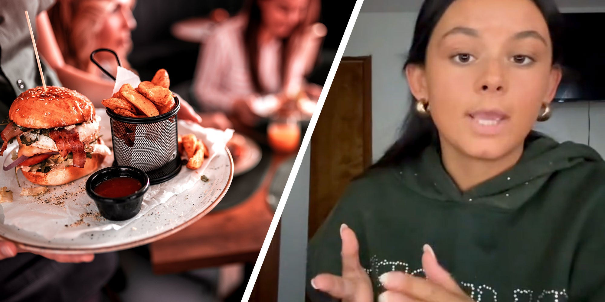 A photo of a waiter holding a plate with a burger and fries next to a screenshot of @madimccambleyy from their Tiktok.