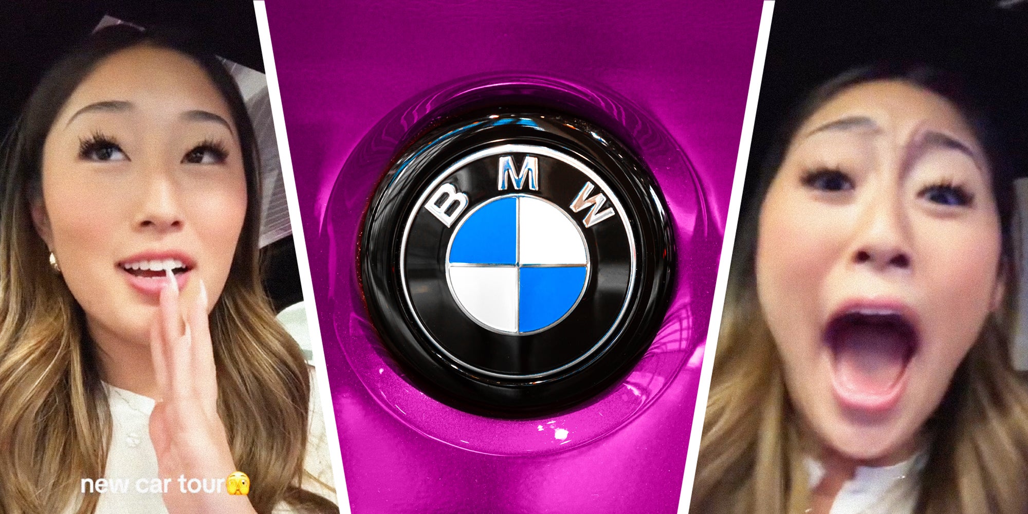 3 panel image: in the middle is a BMW logo and on the sides a person explains. Text over says: New car tour.