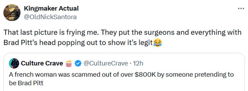 Tweet reading "That last picture is frying me. They put the surgeons and everything with Brad Pitt's head popping out to show it's legit."