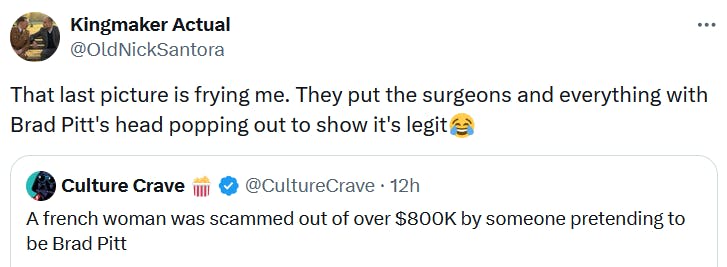 Tweet reading 'That last picture is frying me. They put the surgeons and everything with Brad Pitt's head popping out to show it's legit.'