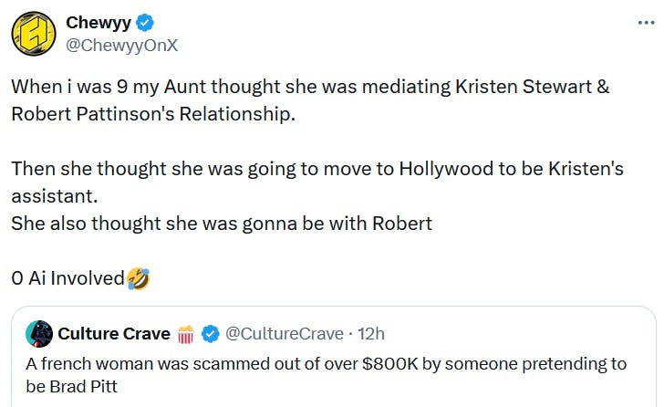 Tweet reading 'When i was 9 my Aunt thought she was mediating Kristen Stewart & Robert Pattinson's Relationship. Then she thought she was going to move to Hollywood to be Kristen's assistant. She also thought she was gonna be with Robert 0 Ai Involved.'