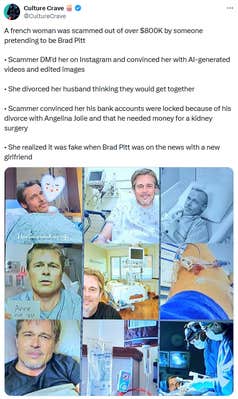 Culture Crave tweet reporting on the Brad Pitt catfish with the AI generated images used by the scammer.