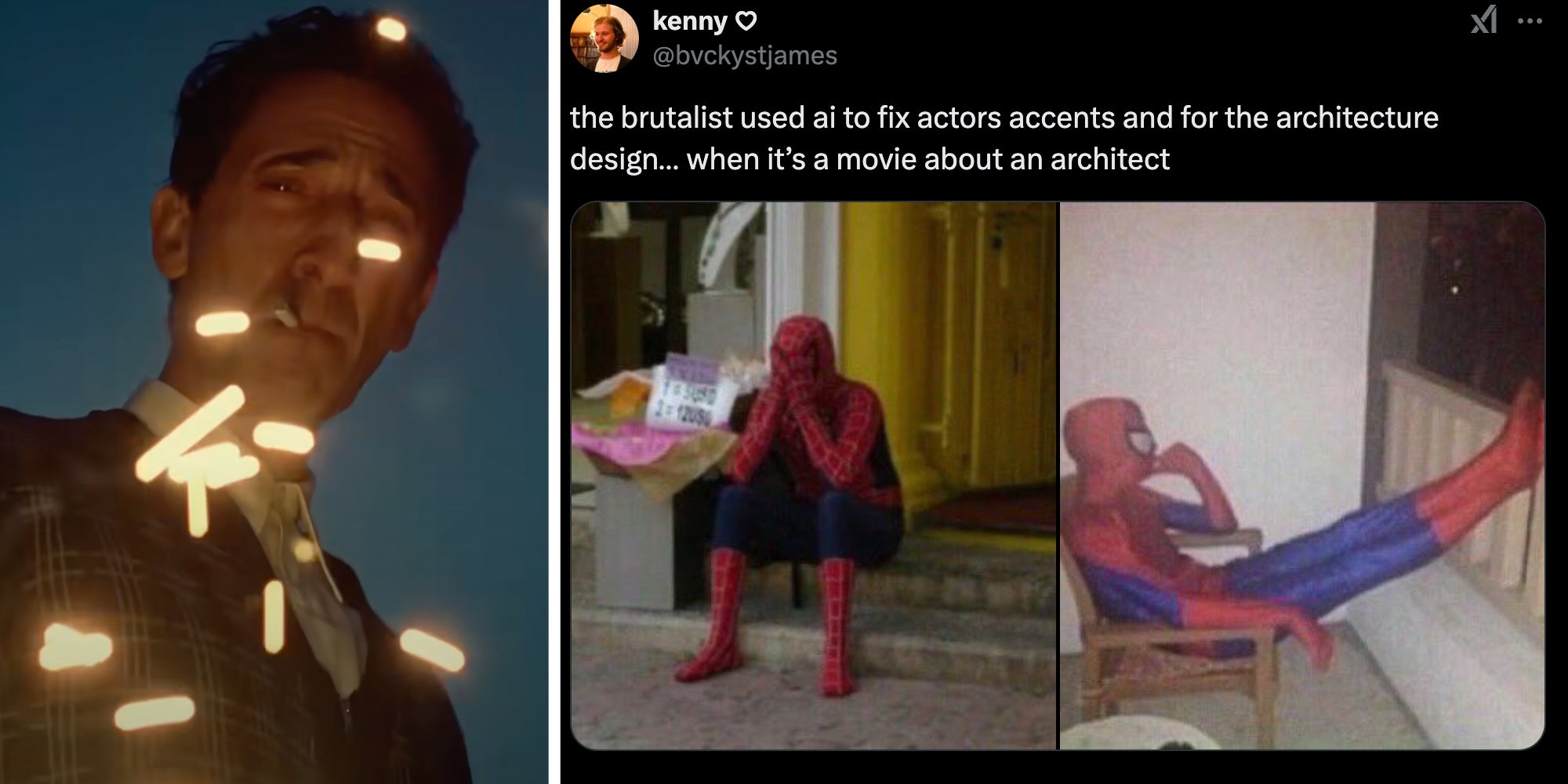 Adrien Brody smoking cigarette in The Brutalist(l), Spider man looking distraught meme with text 'the brutalist used ai to fix actors accents and for the architecture design... when it's a move about an architect'(R)