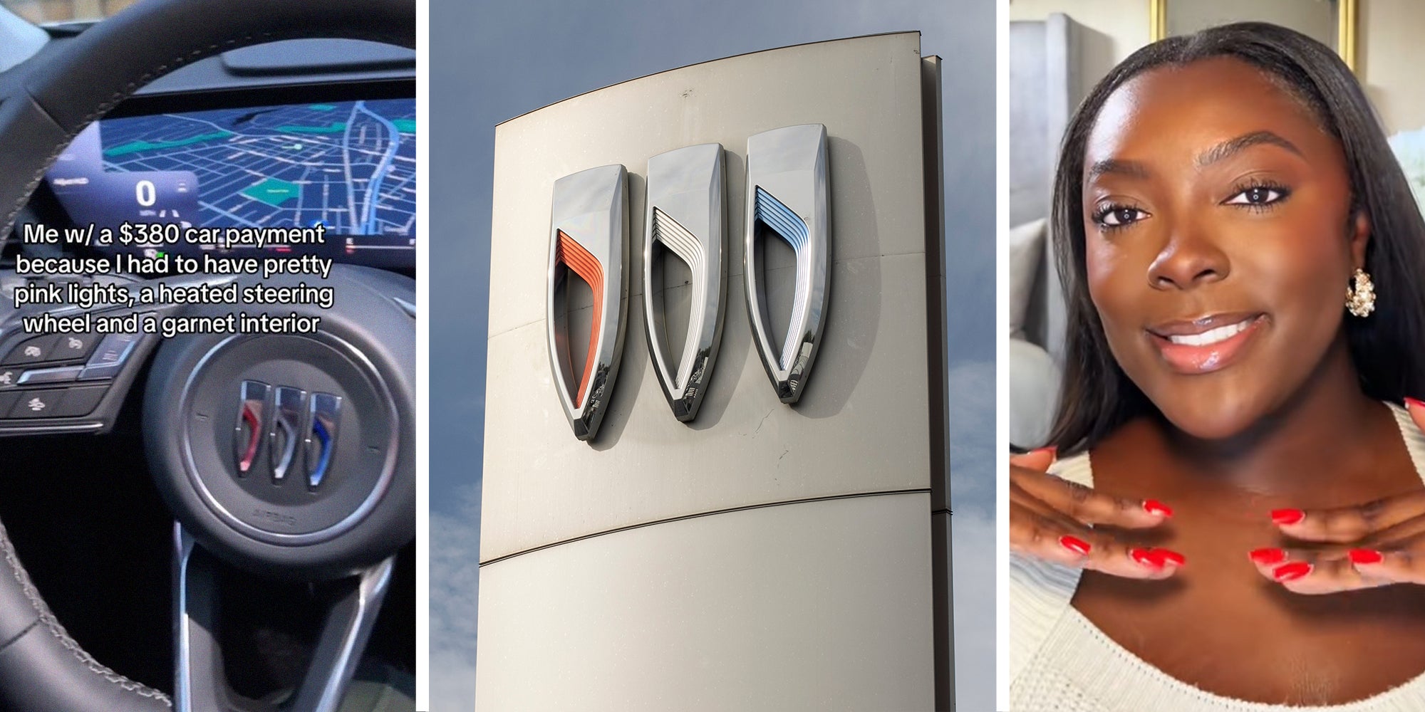 Buick Steering Wheel(l) Buick Dealer Sign(c) Woman smiling showing off her nails(r)
