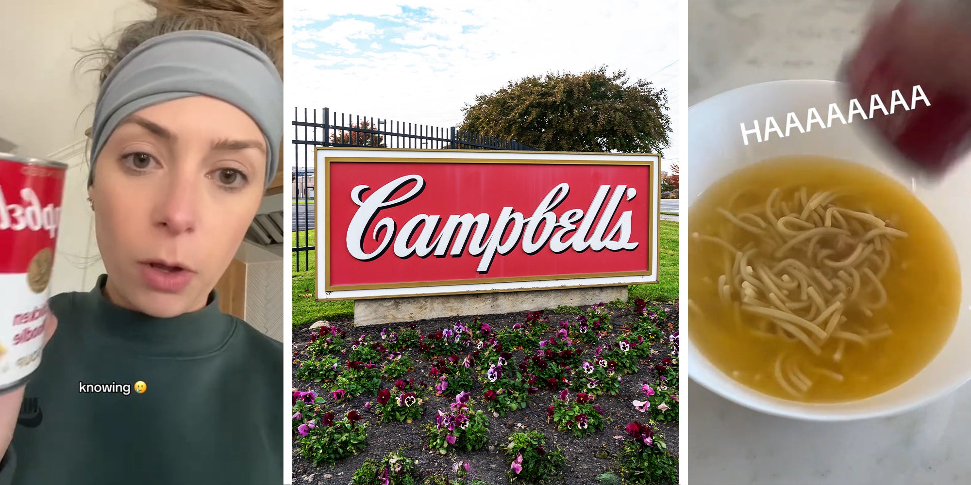 Woman holding up Campbells Can(l) Campbell's Sign(c) Noodle Soup(r)