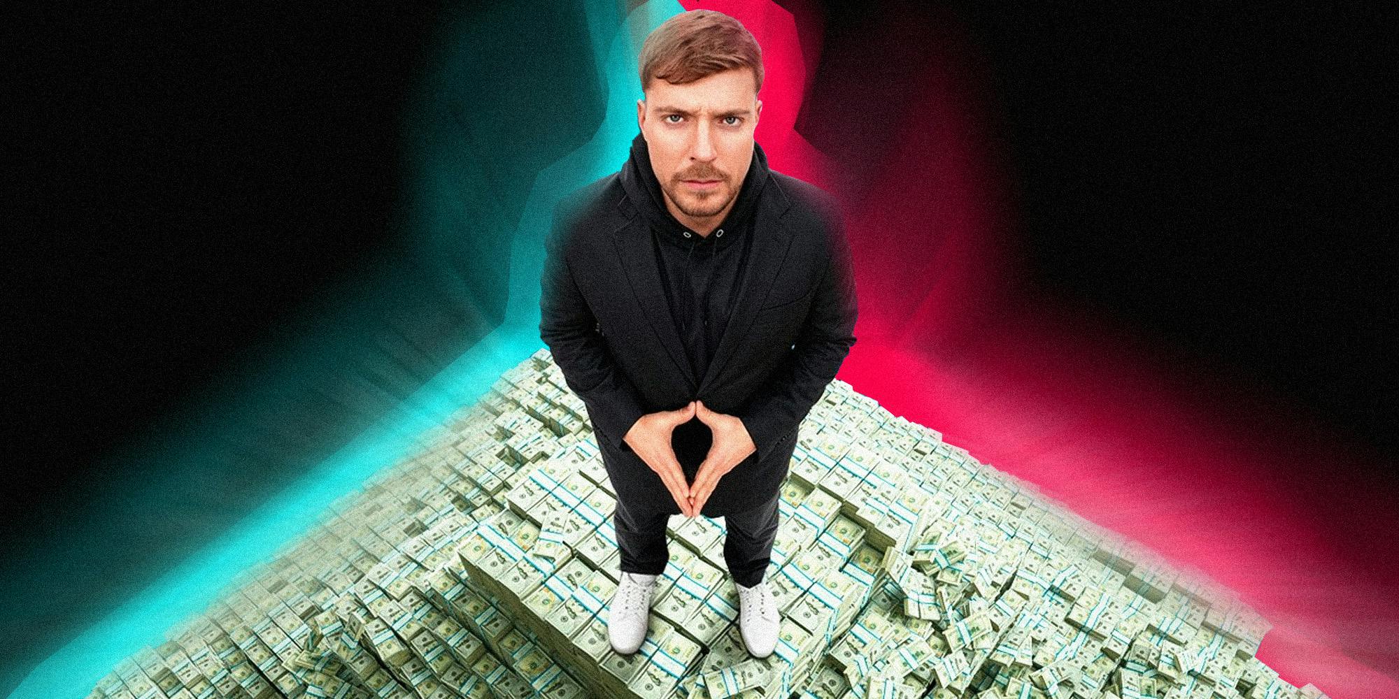 Mr. Beast standing on a pyramid of money. The background colored like the TikTok Logo.