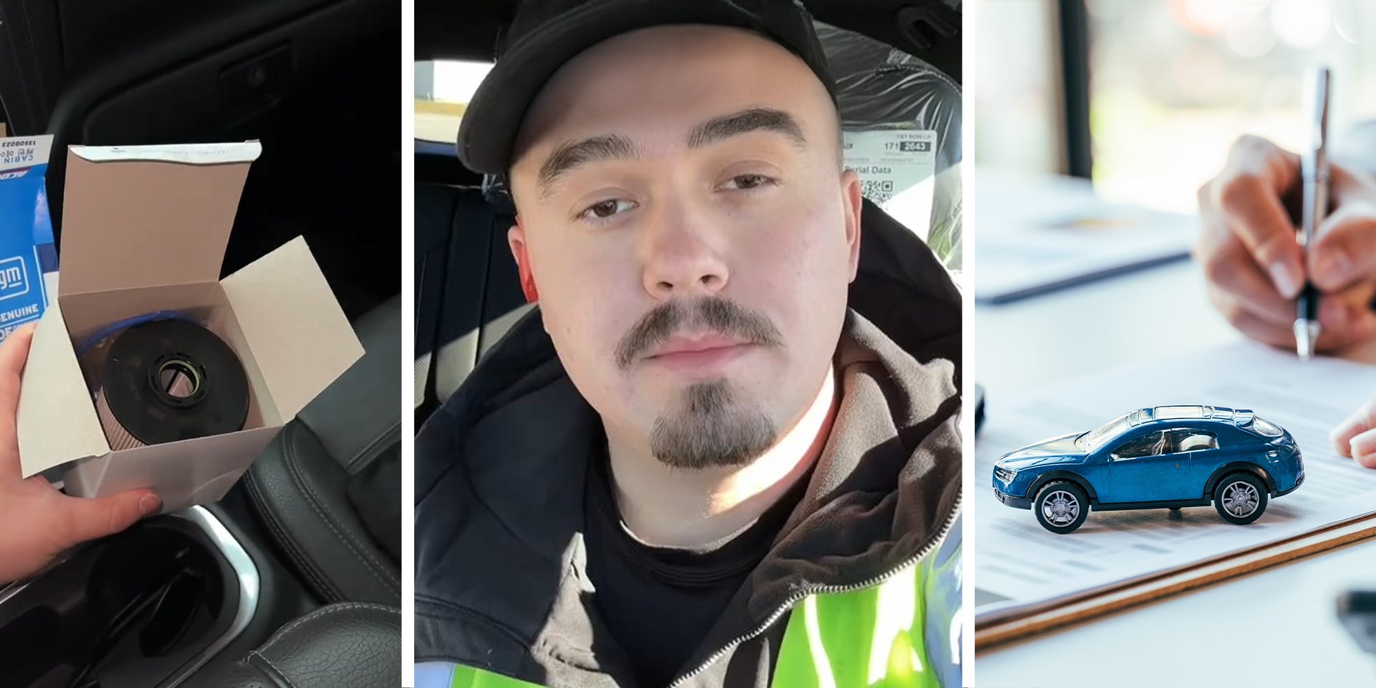 holding diesel filter(l) Man sharing tips to get a better deal with dealerships(c) Person signing documents with toy vehicle on display(r)