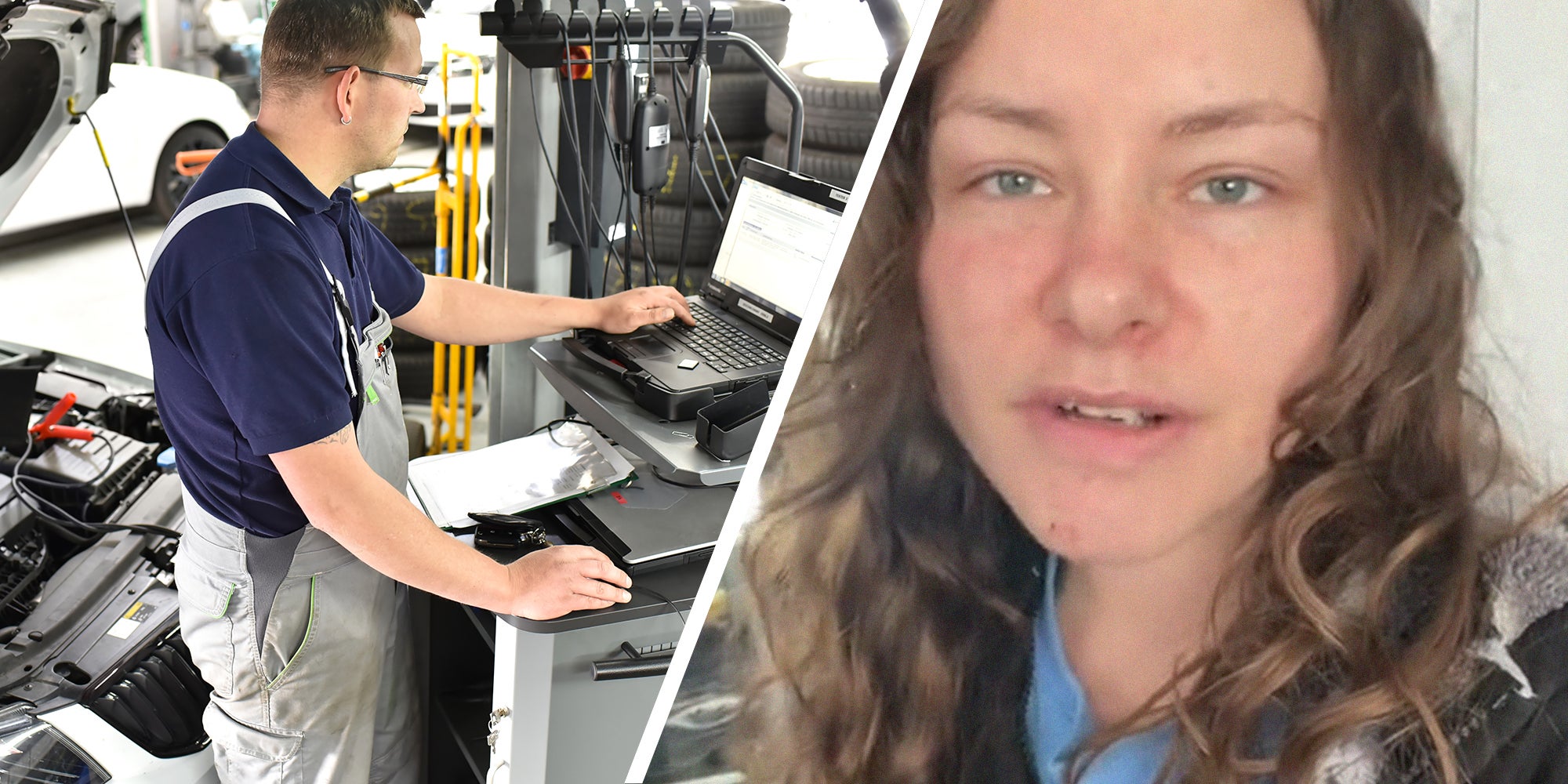car mechanic maintains a vehicle with the help of a diagnostic computer(l) driver shares how much they charged to check his vehicle(r)