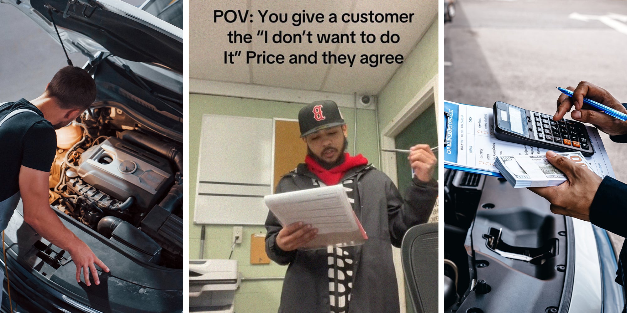 Mechanic checking vehicle(l) Man listing out all issues with his vehicle(c) Man Calculating total cost of repairs(r)