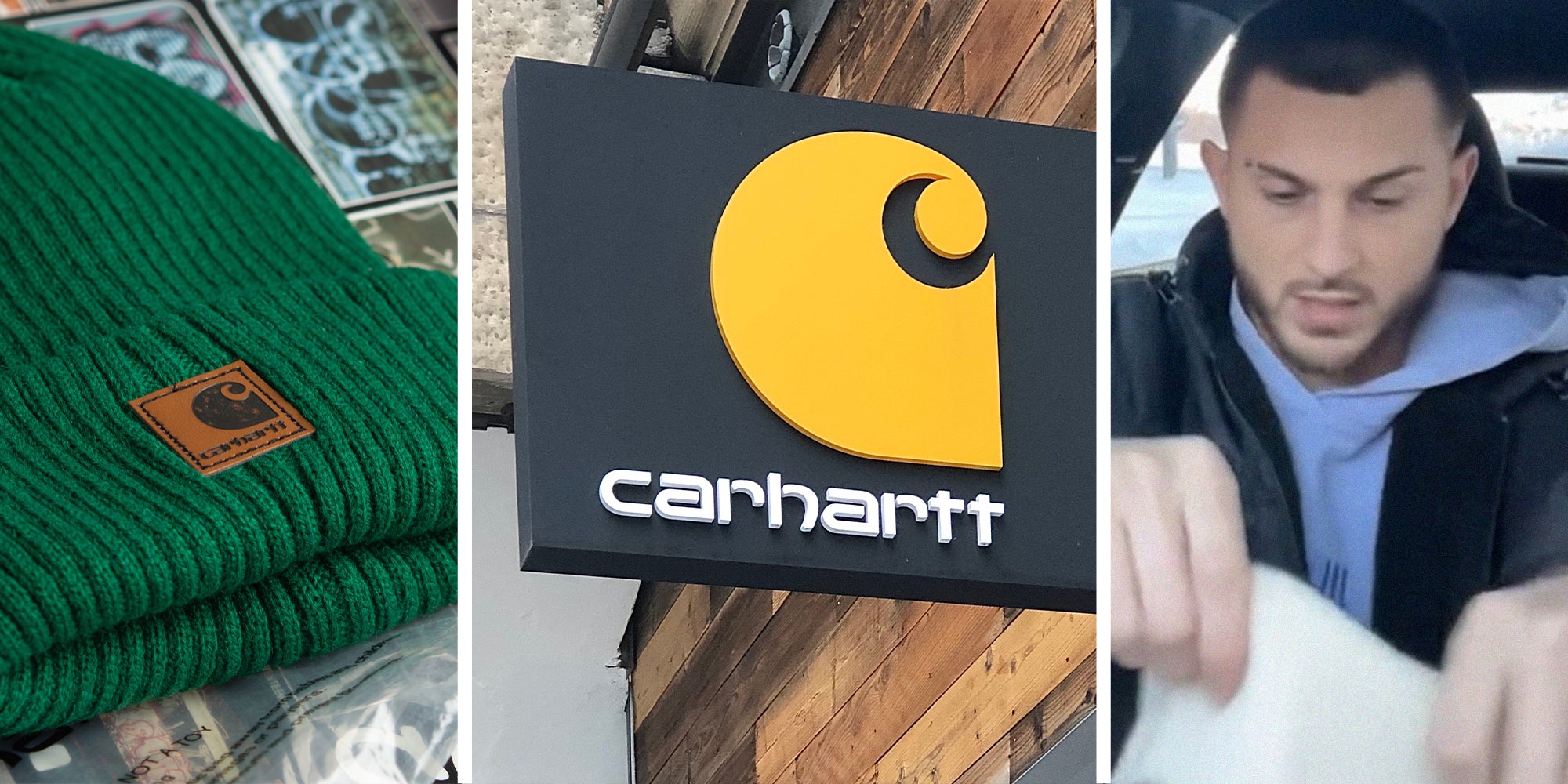 Carheartt Green Beanie(l) Carhartt Store Sign(c) Man tries on CarHartt Beanie(r)