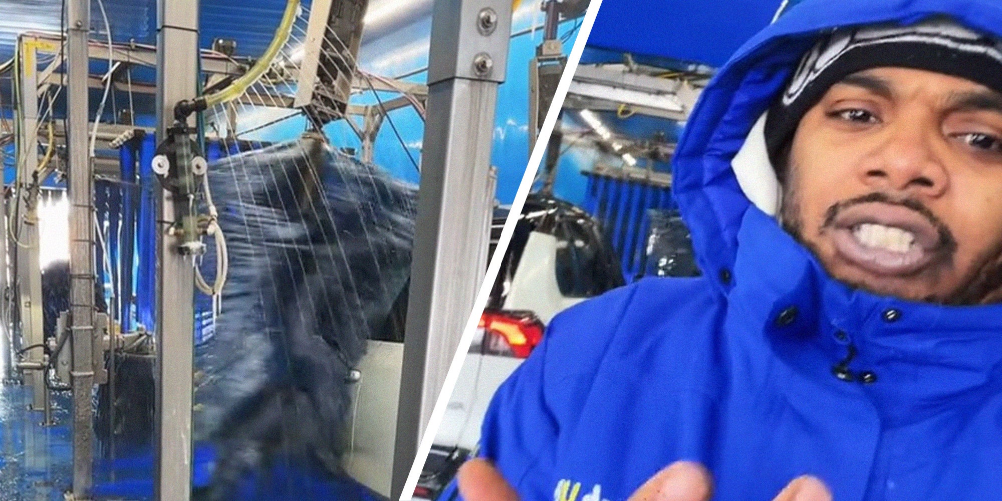 car wash machine cleaning vehicle(l) Man shares issues with car washes during cold weather(l)