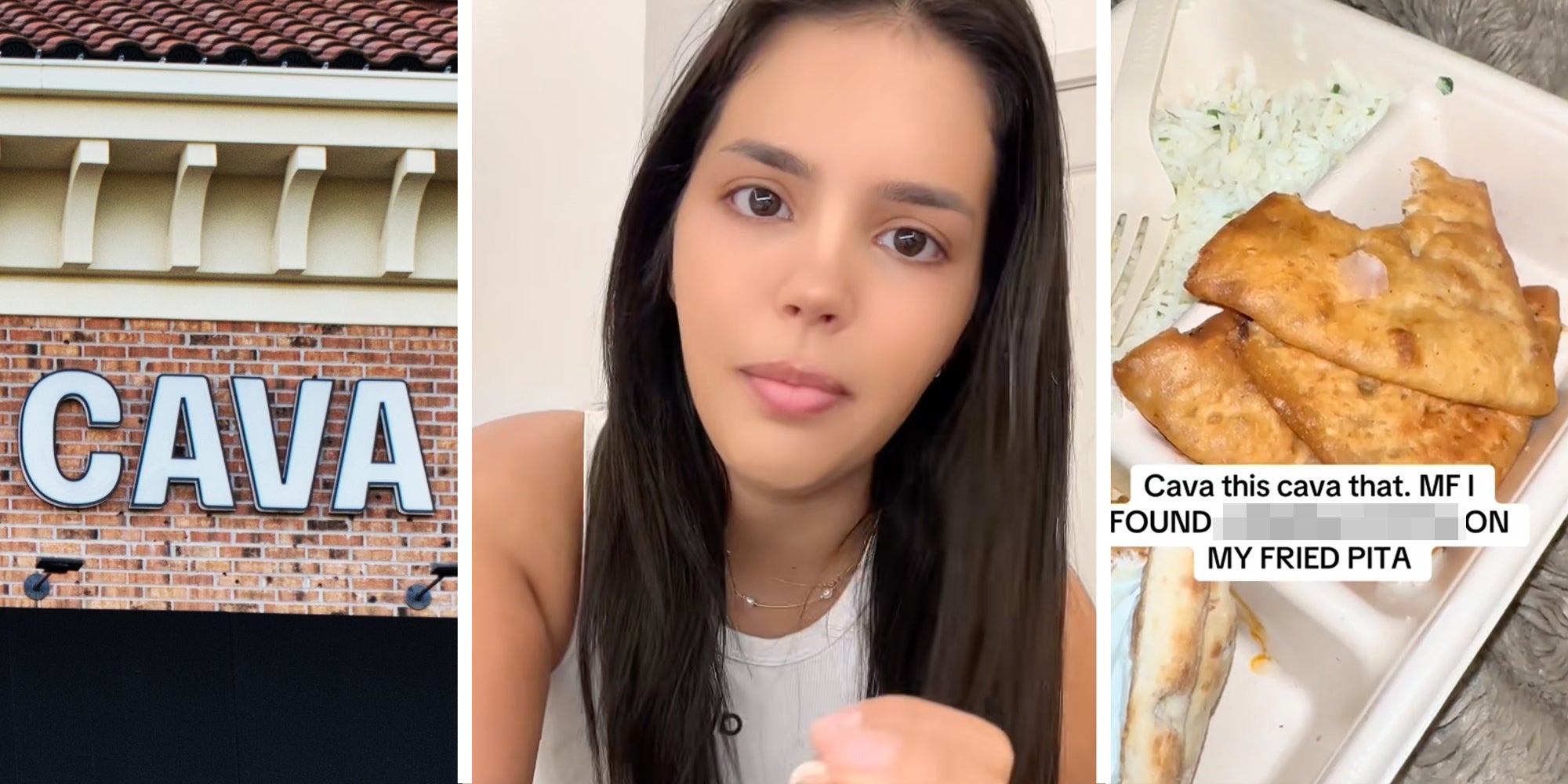 Cava sign(l), Woman talking(c), Fried pita(r)