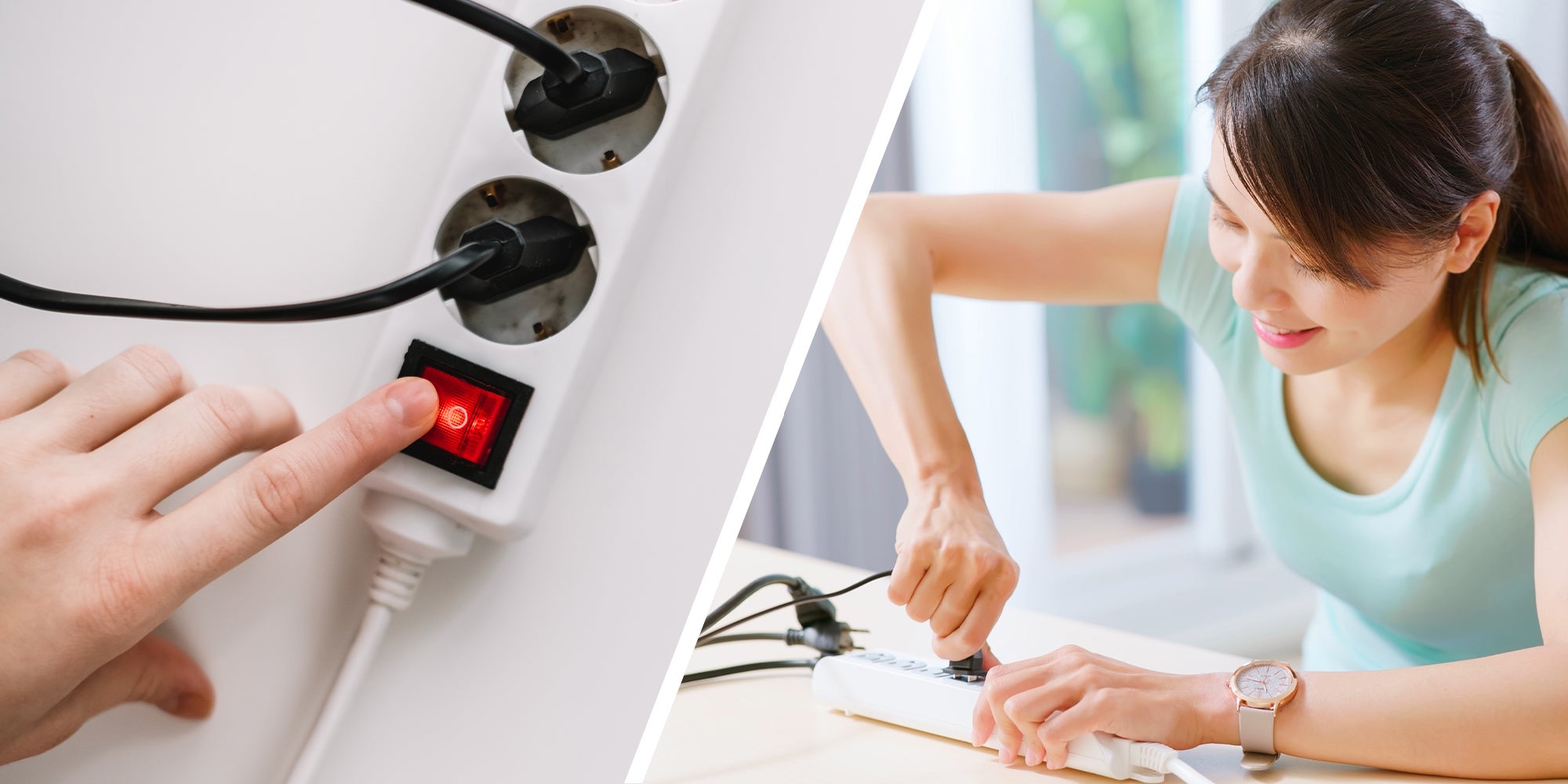 Pressing On Button from Surge Protector(l) Woman connecting plug on surge protector(r)