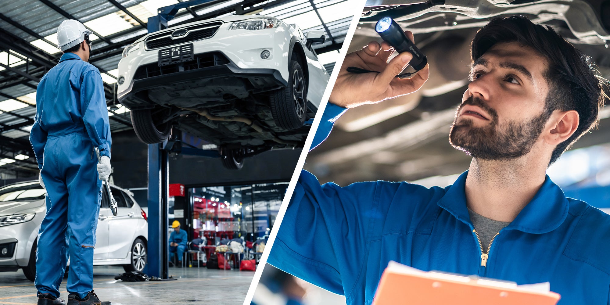 man checking under car condition in garage(l) Mechanic holding flashlight to check under car(r)