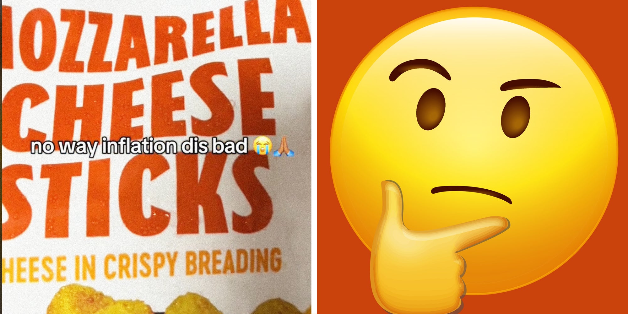 2 panel image, on the left is a bag of cheese sticks with text over,' no way inflation dis bad'. On the right is the guessing emoji.