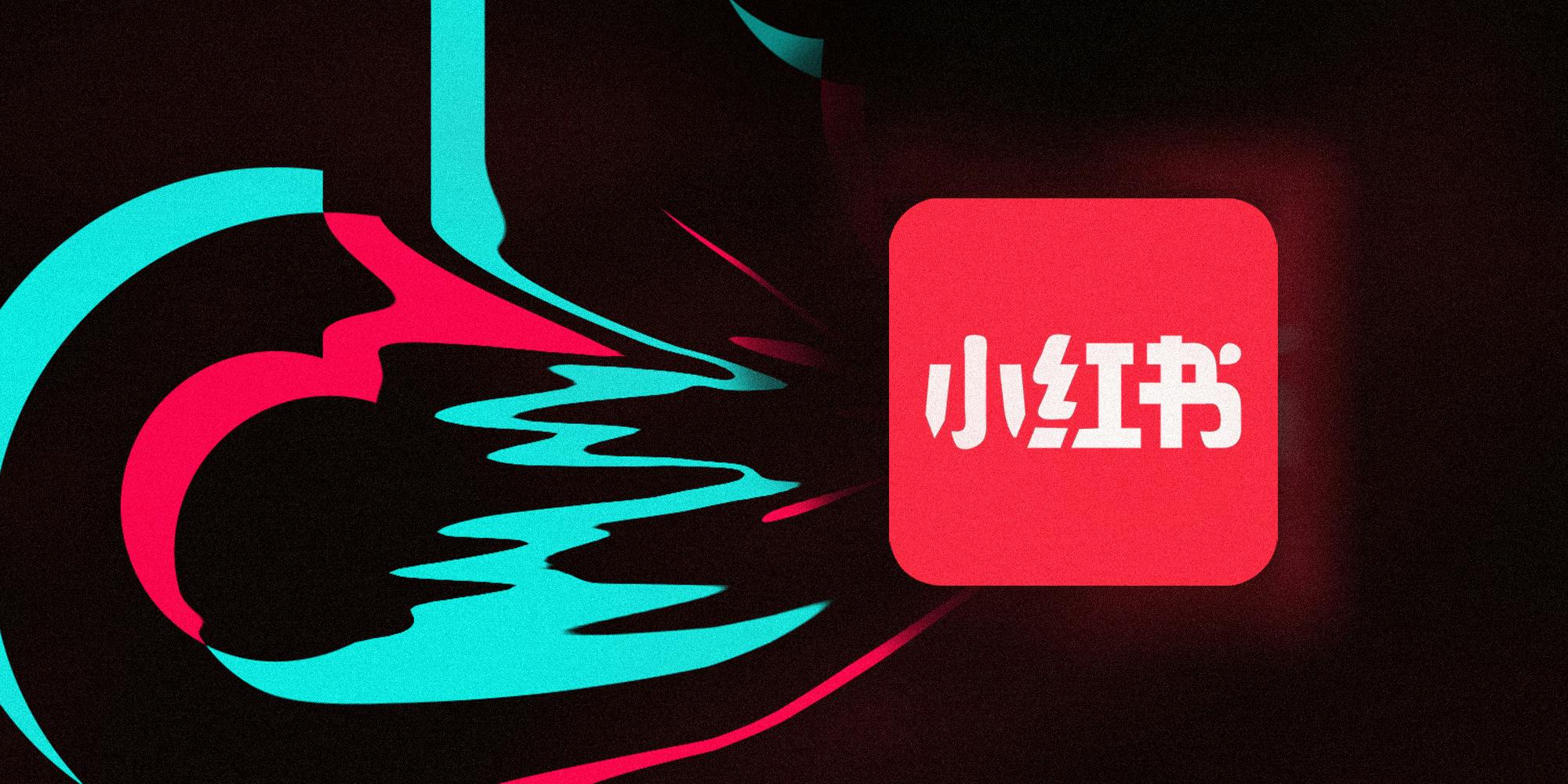 A TikTok logo being consumed by a RedNote logo.