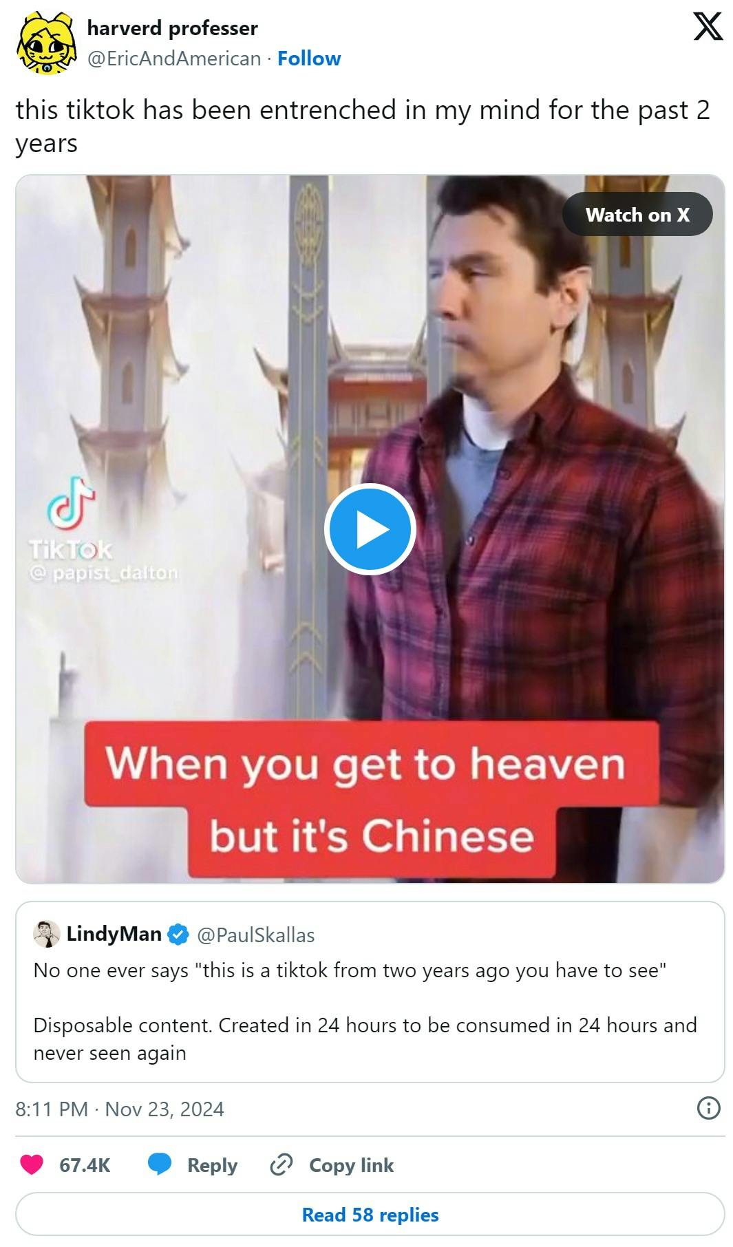 chinese heaven tiktok with tweet that reads 'this tiktok has been entrenched in my mind for the past 2 years'