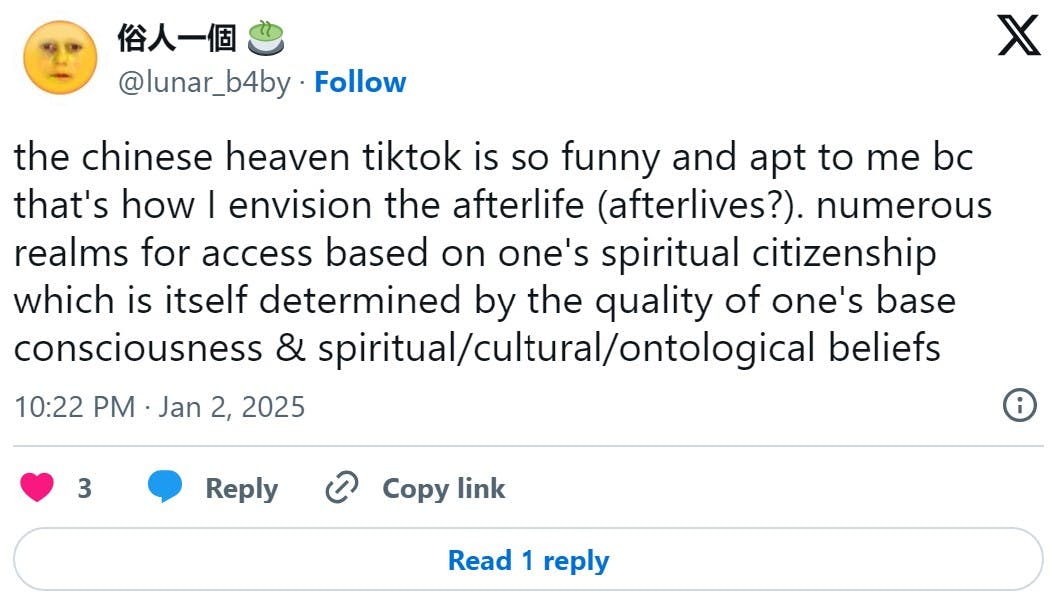 tweet that reads 'the chinese heaven tiktok is so funny and apt to me bc that's how I envision the afterlife (afterlives?). numerous realms for access based on one's spiritual citizenship which is itself determined by the quality of one's base consciousness & spiritual/cultural/ontological beliefs'