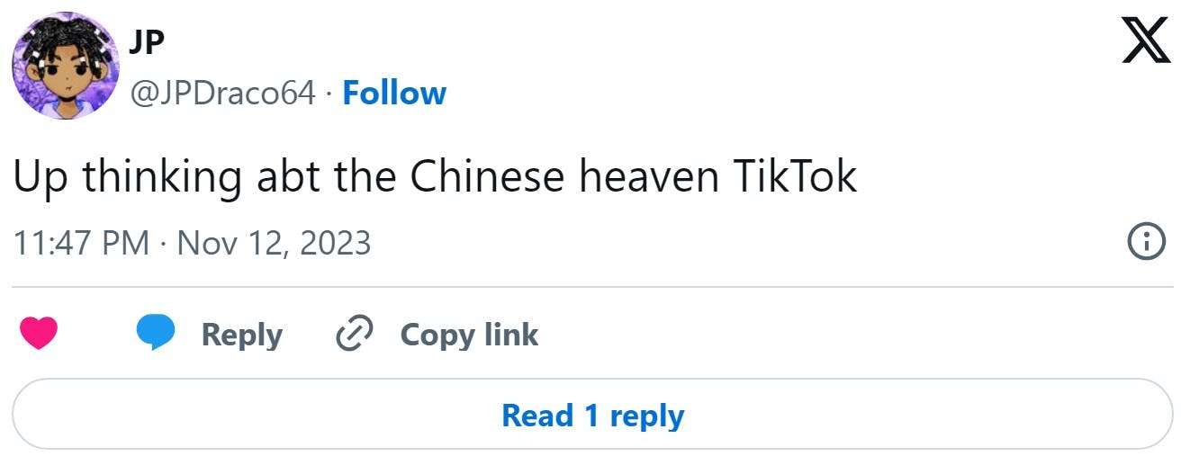 'Up thinking abt the Chinese heaven TikTok'