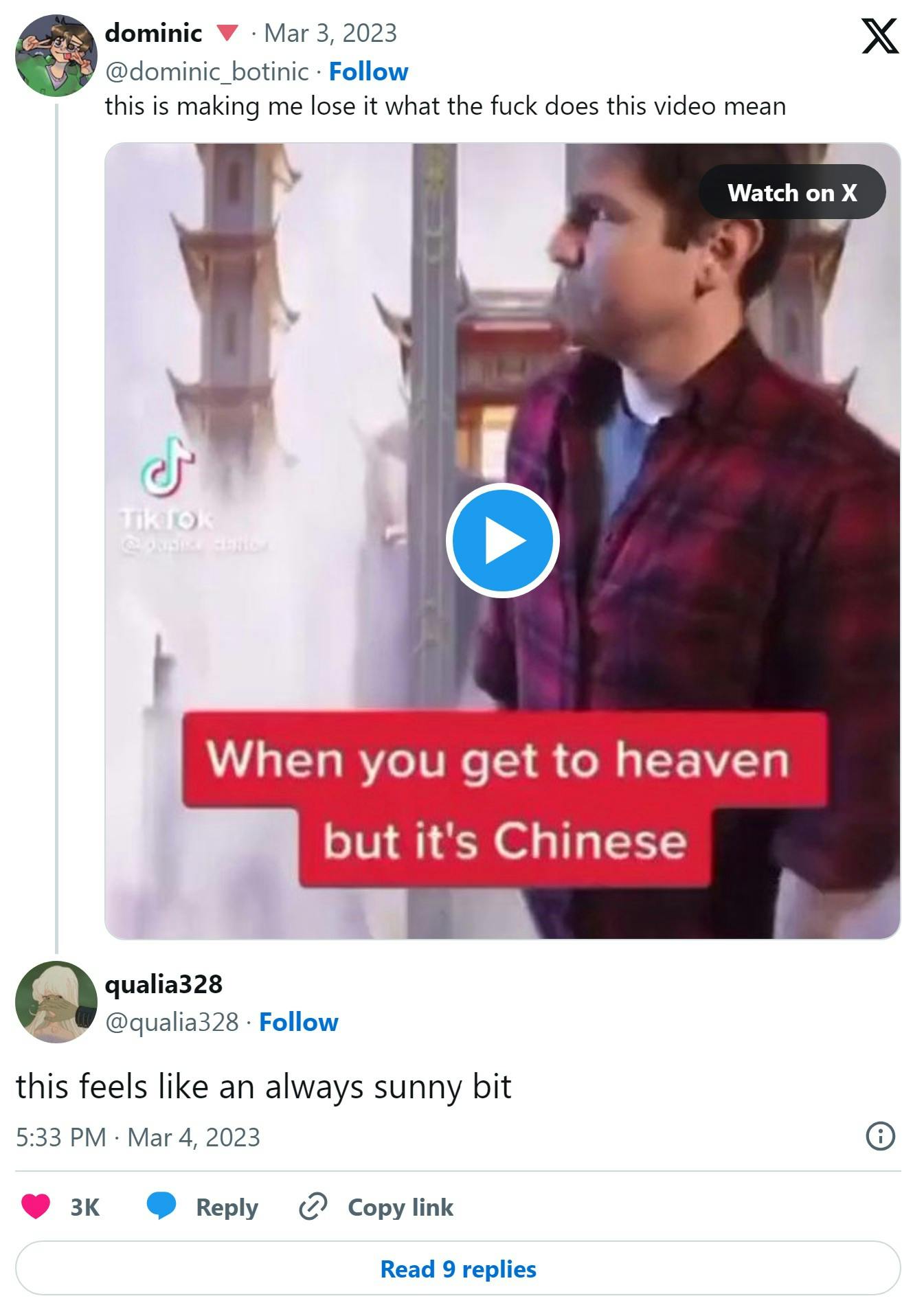 'this is making me lose it what the fuck does this video mean' chinese heaven meme tweet