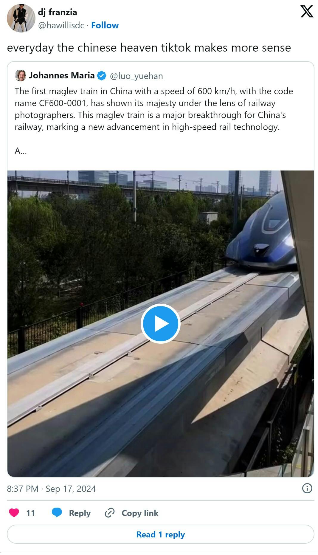 tweet that reads 'everyday the chinese heaven tiktok makes more sense' with video of a modern train system