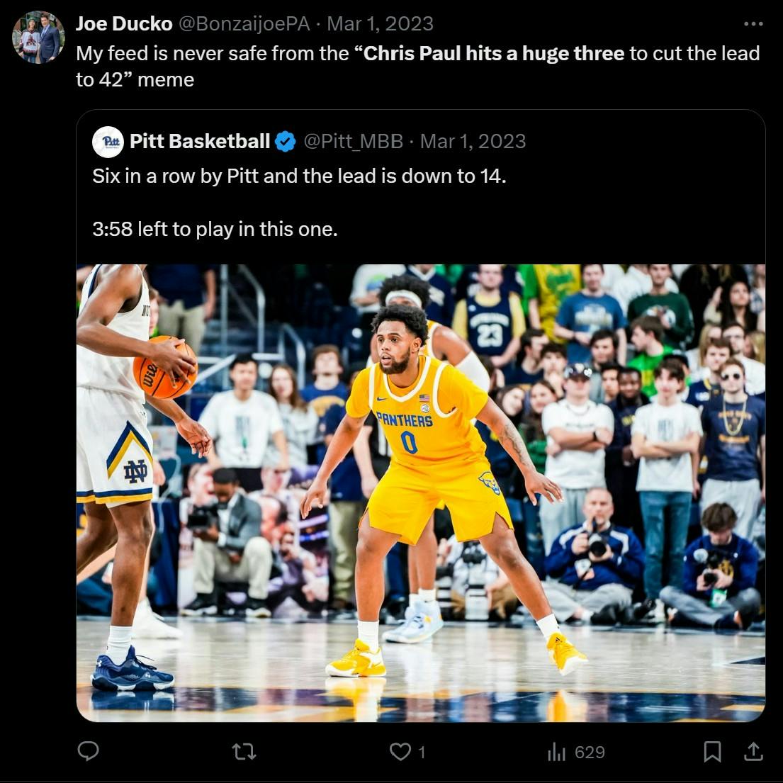 pitt basketball 'My feed is never safe from the 'Chris Paul hits a huge three to cut the lead to 42' meme'