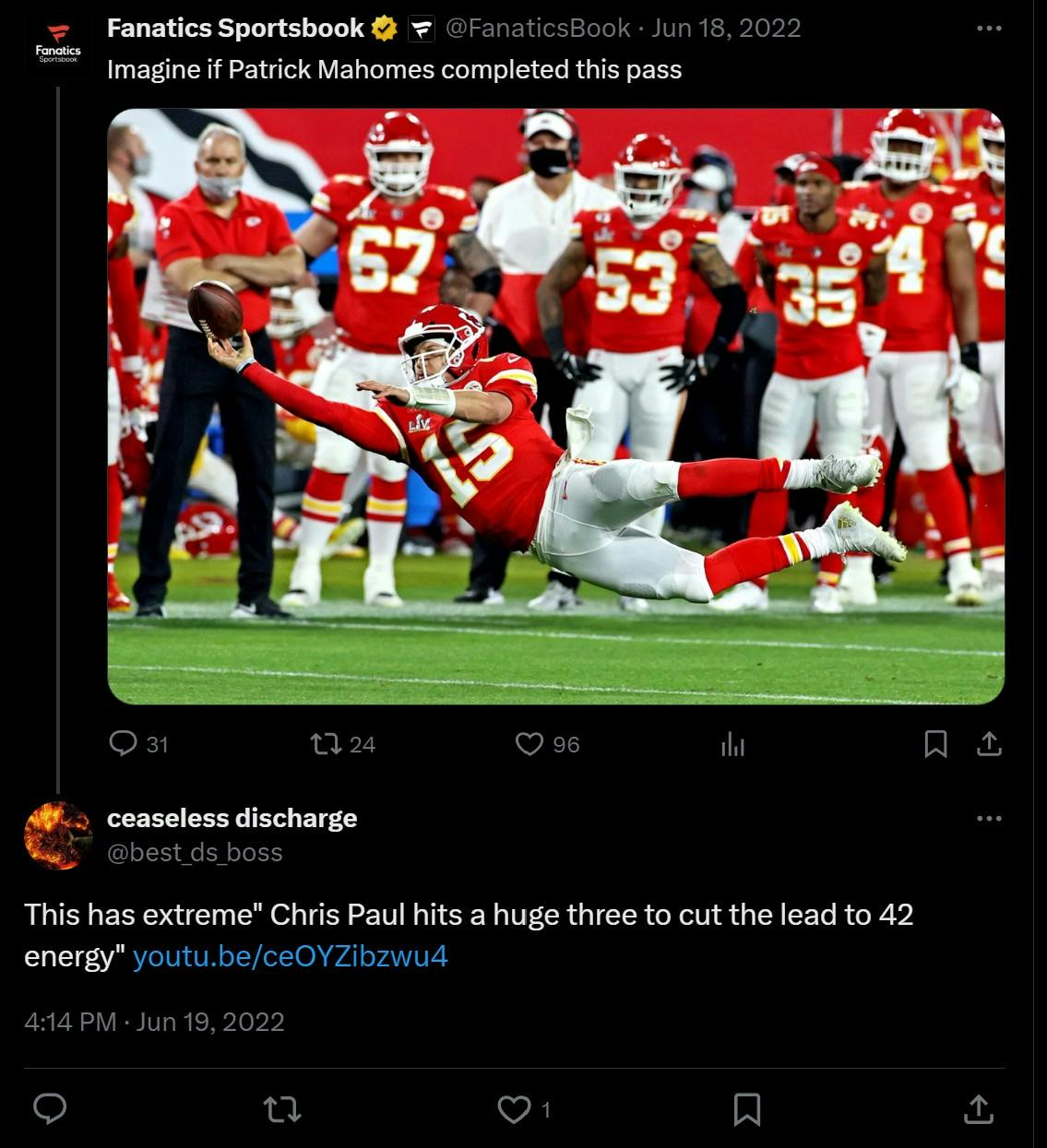 reply to patrick mahomes missed pass that reads 'This has extreme 'Chris Paul hits a huge three to cut the lead to 42' energy'