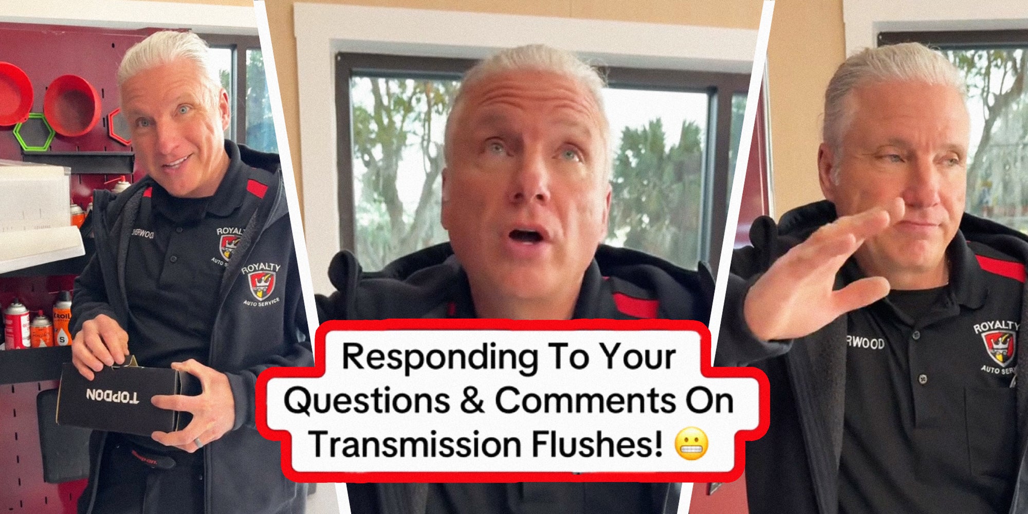 3 panel image of a mechanic explaining. Text over says: Responding to your questions and comments on Transmission Flushes!