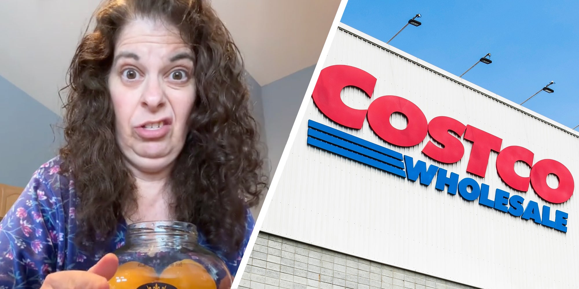 Woman with jar of peaches(l), Costco sign(r)