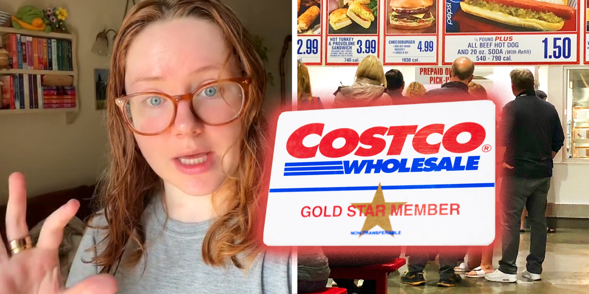 Photo collage image of a person explaining, a Costco membership card, and a typical Costco Food Court.