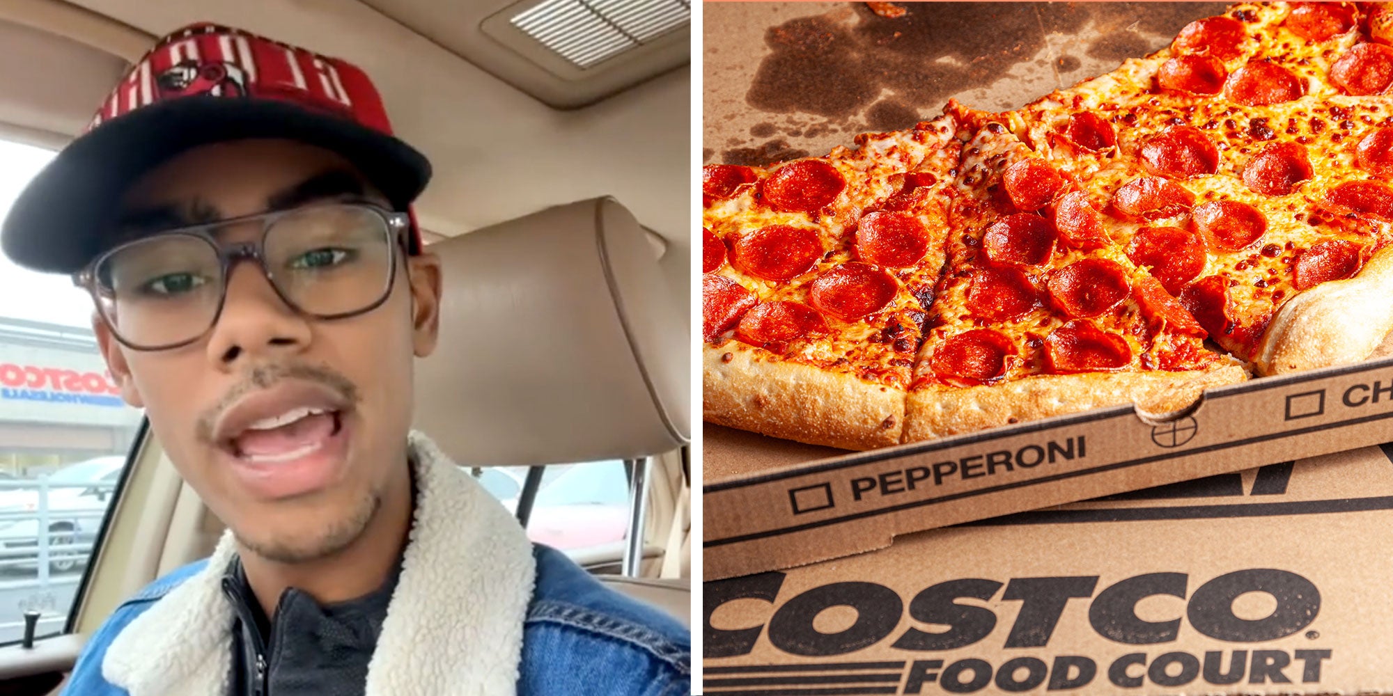 Screenshot of Tiktok user @clarencewhite next to a photo of a Costco pepperoni pizza.