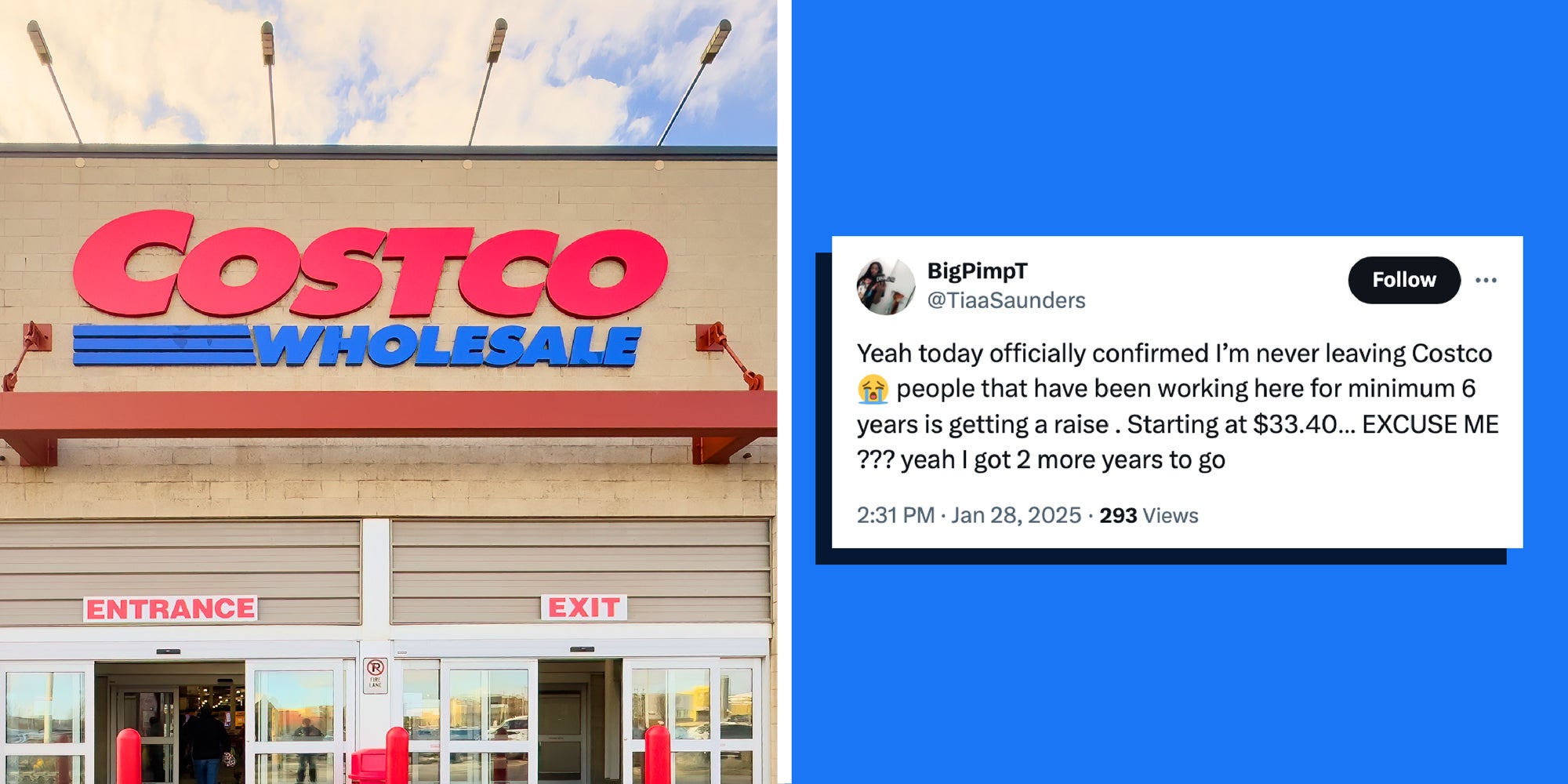 2 panel image on the left is the exterior of a Costco store and on the right is a tweet from a Costco employee.