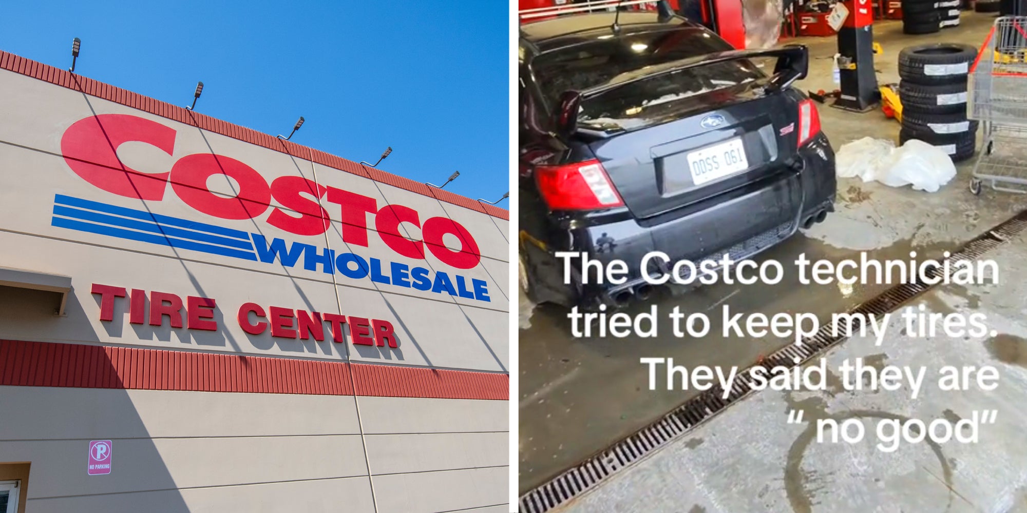 2 panel image: on the left is the exterior of a Costco Tire Center and on the right is the interior of a garage. Text over: The Costco technician tried to keep my tires. They said they are 'no good'